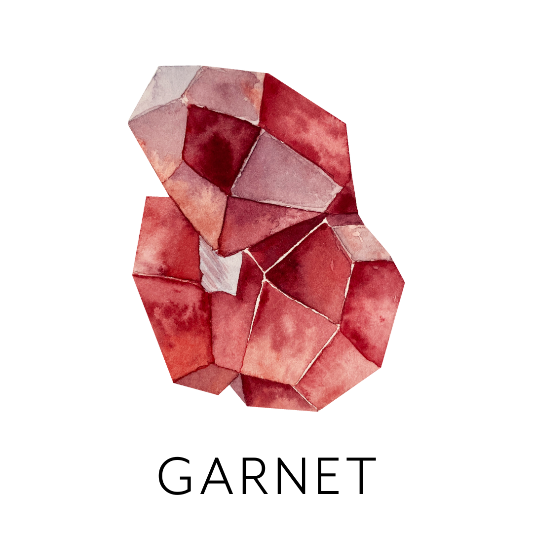 Watercolor painting of a cluster of red and pink gemstones.