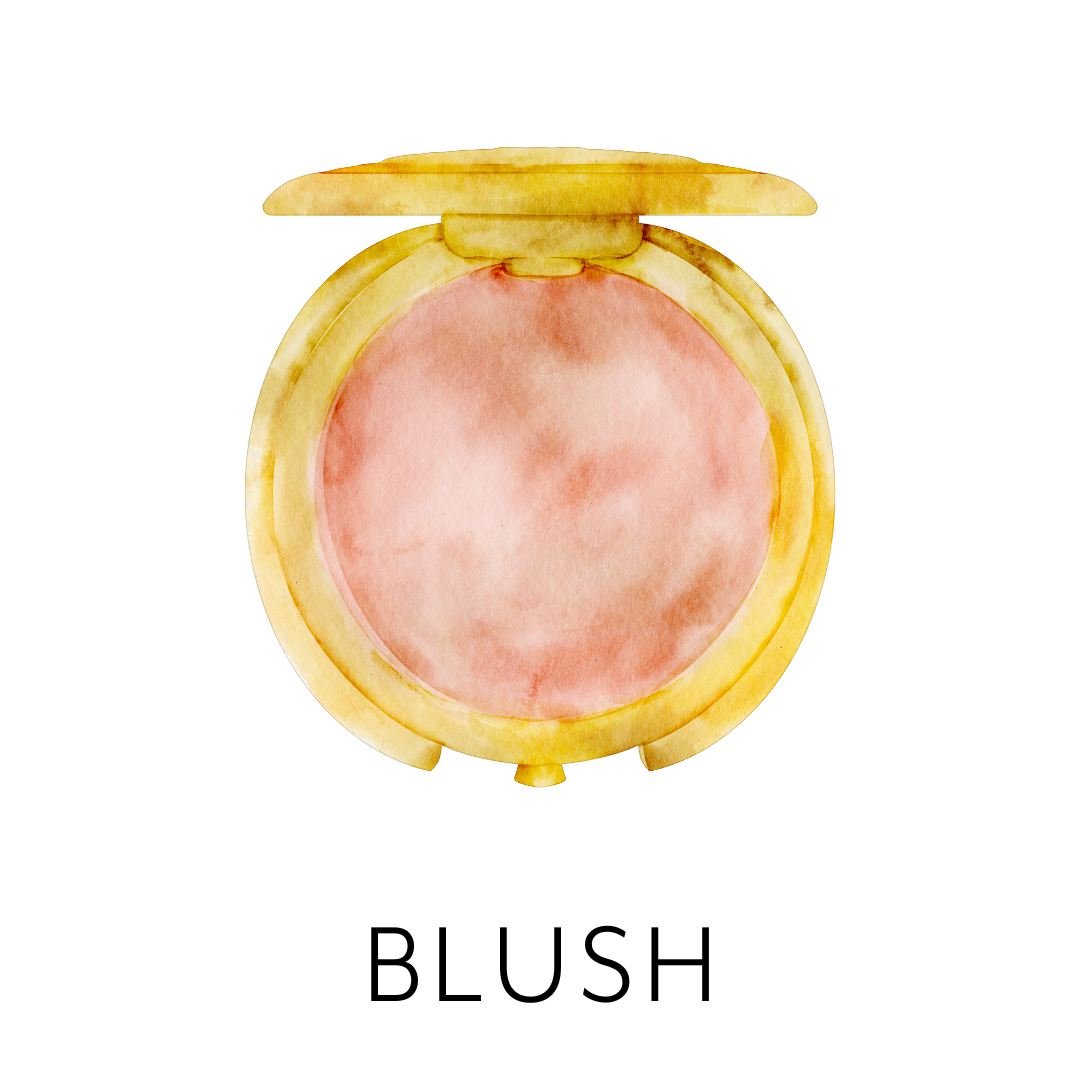 A watercolor illustration of a round container with a gold-colored lid, opened to reveal a pink substance inside.