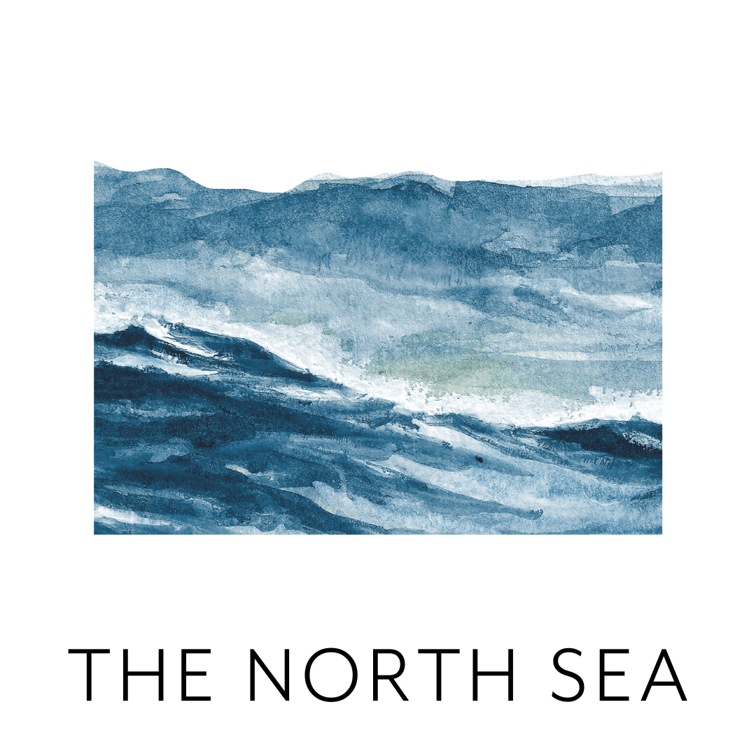 Watercolor painting of ocean waves with a cloudy sky in the background.