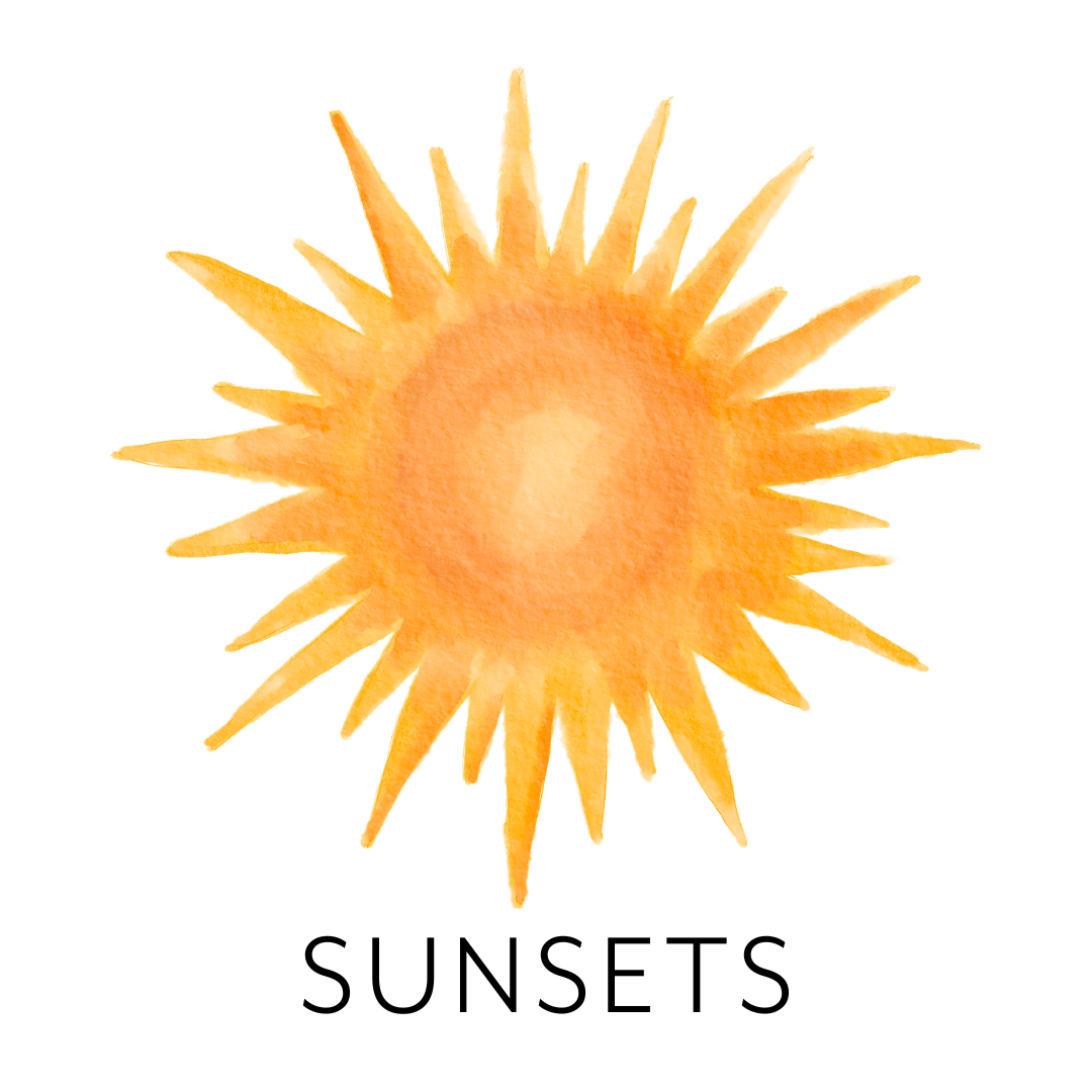 Watercolor painting of a bright, stylized sun with orange and yellow rays.