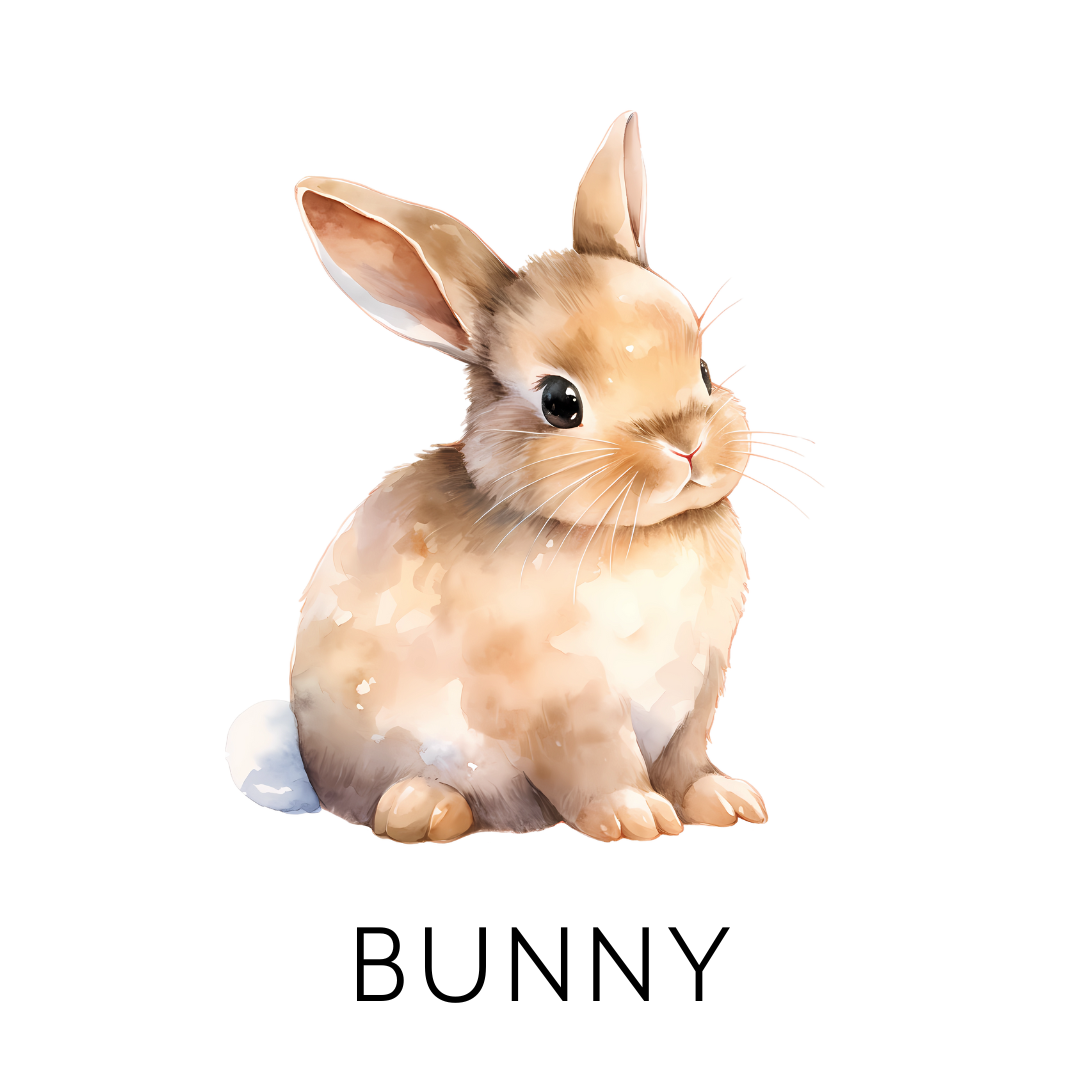 Cute watercolor illustration of a baby bunny with large ears, dark eyes, and a fluffy body, sitting on a transparent background.