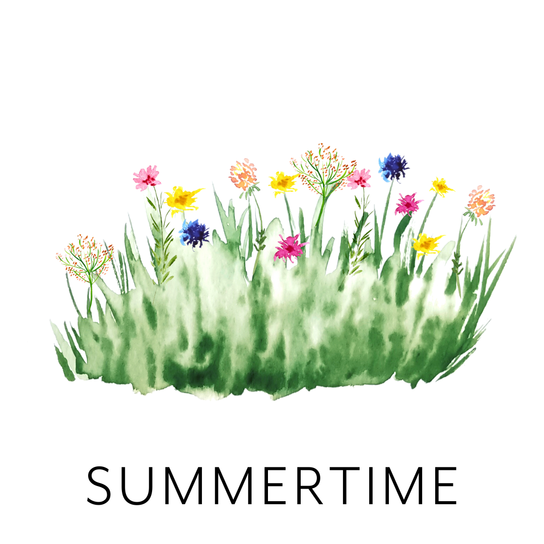 Watercolor illustration of green grass with colorful flowers including pink, yellow, blue, and orange blossoms.