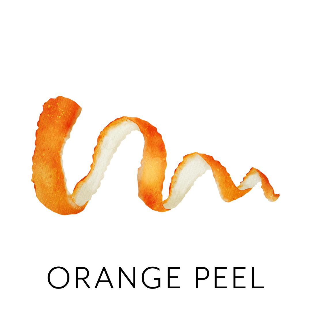 Zoomed-in view of an orange peel curl with textured surface and bright color.