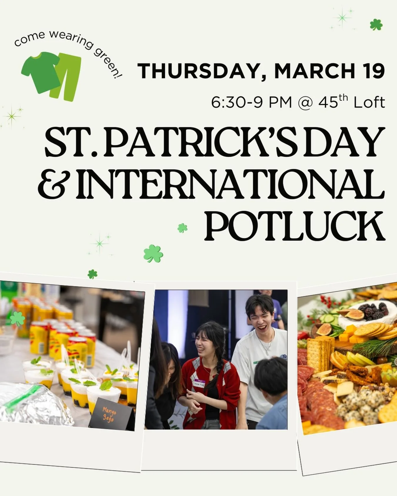 Come celebrate St. Patrick&rsquo;s Day with us and enjoy a cozy international potluck with food from around the world ☘️✨

🍽️ Share a dish or snack from your hometown or culture
💚 Celebrate St. Patrick&rsquo;s Day in community and learn about its C