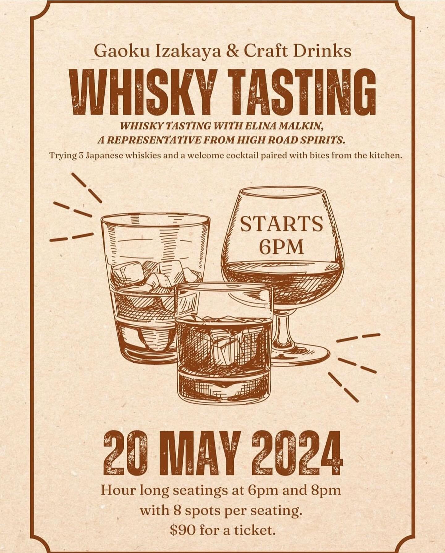 This Monday! Join @elina_sips_spirits for a special whisky tasting at @bar.gaoku on May 20th at 6pm or 8pm. Link in bio / stories to reserve your seats today 🥃 #highroadwineandspirits #hrws #gaoku #izakaya #whiskytasting #japanesewhisky #pairing #wh