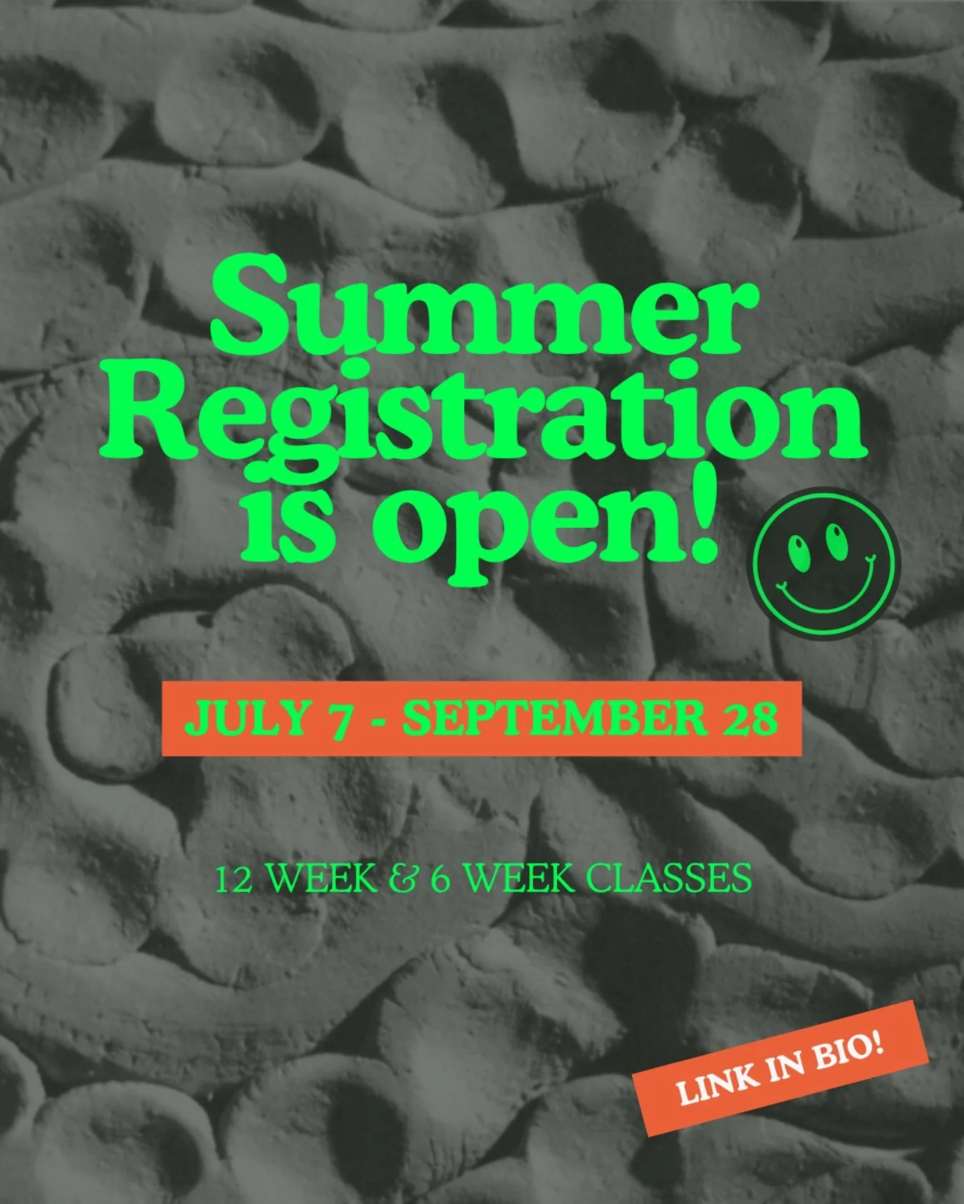 Stay cool this summer in the studio 😎
Registration is open for 6 and 12-week classes! Details below ⬇️ 

🗓️ Class Dates:
12-Week: July 7 - Sept 28
6-Week Session 1: July 7 - Aug 14
6-Week Session 2: Aug 15 - Sept 28

🔗 Link in bio!