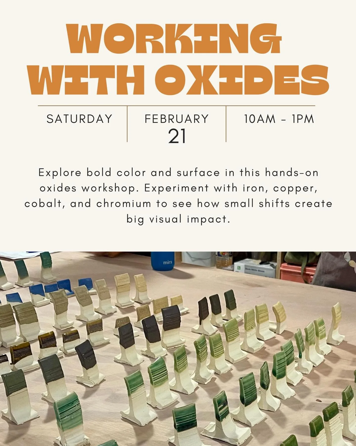 Explore color and surface in Working with Oxides, where we&rsquo;ll experiment with iron, copper, cobalt, and chromium and see how subtle changes lead to big visual shifts.

Swipe to meet our instructor, Camila Ruiz, @themcmcoffee bringing science an