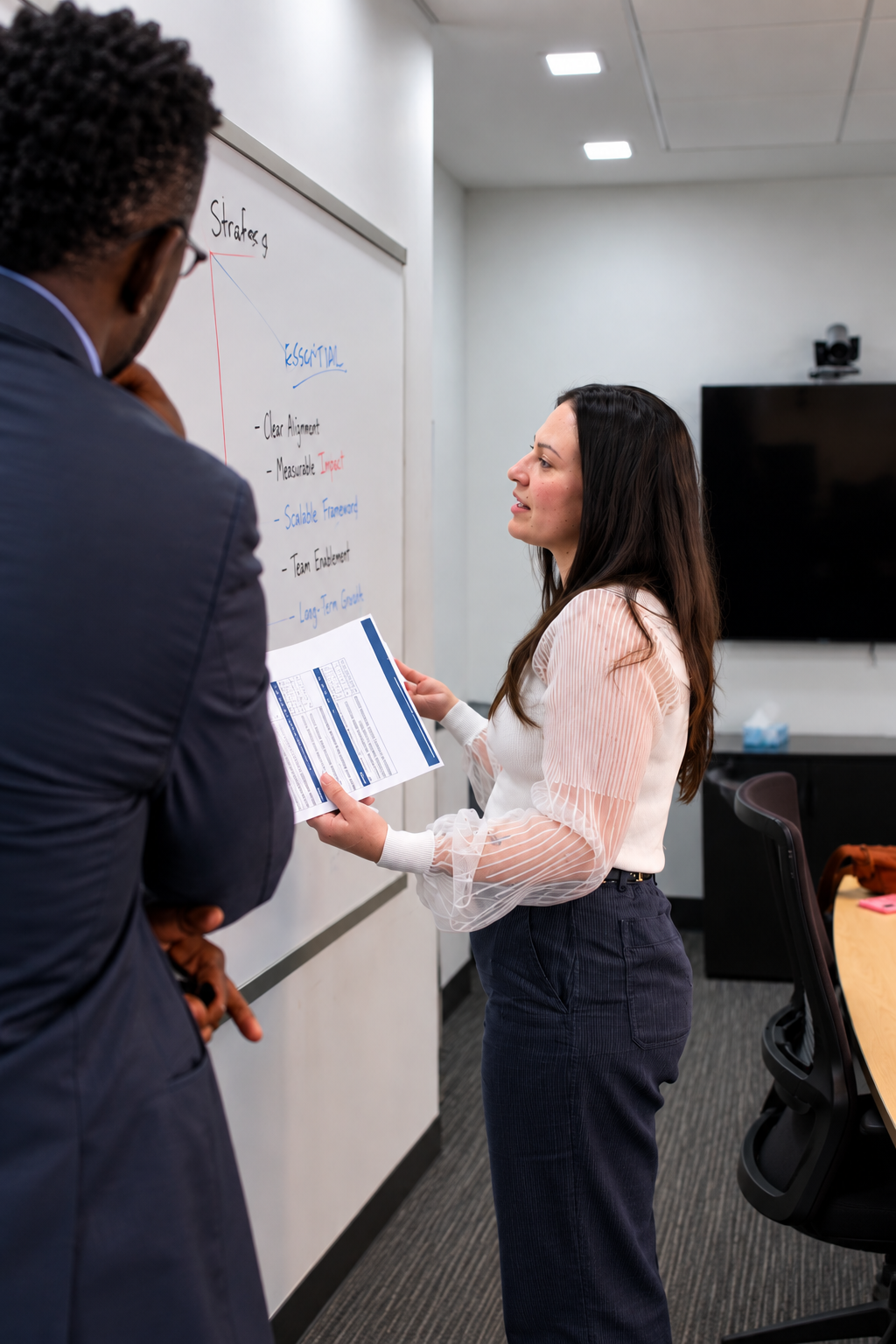 Two professionals discuss a presentation on a whiteboard in a modern conference room. The woman on the right holds a clipboard and faces the whiteboard, which has handwritten notes including 'Strategy' and 'Essential.' The man on the left listens attentively. The room has a large television screen, a table, and chairs.