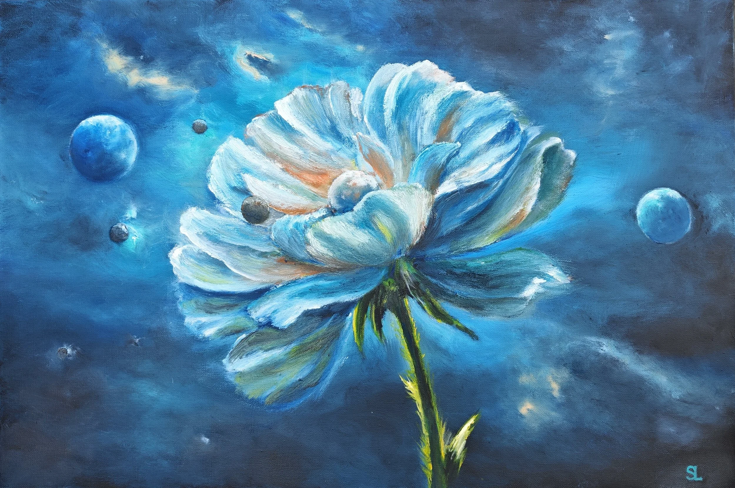 Oil painting ‘ Galactic Flower’ by Sergei Londar, featuring a surreal cosmic flower emerging in a luminous, atmospheric space setting.