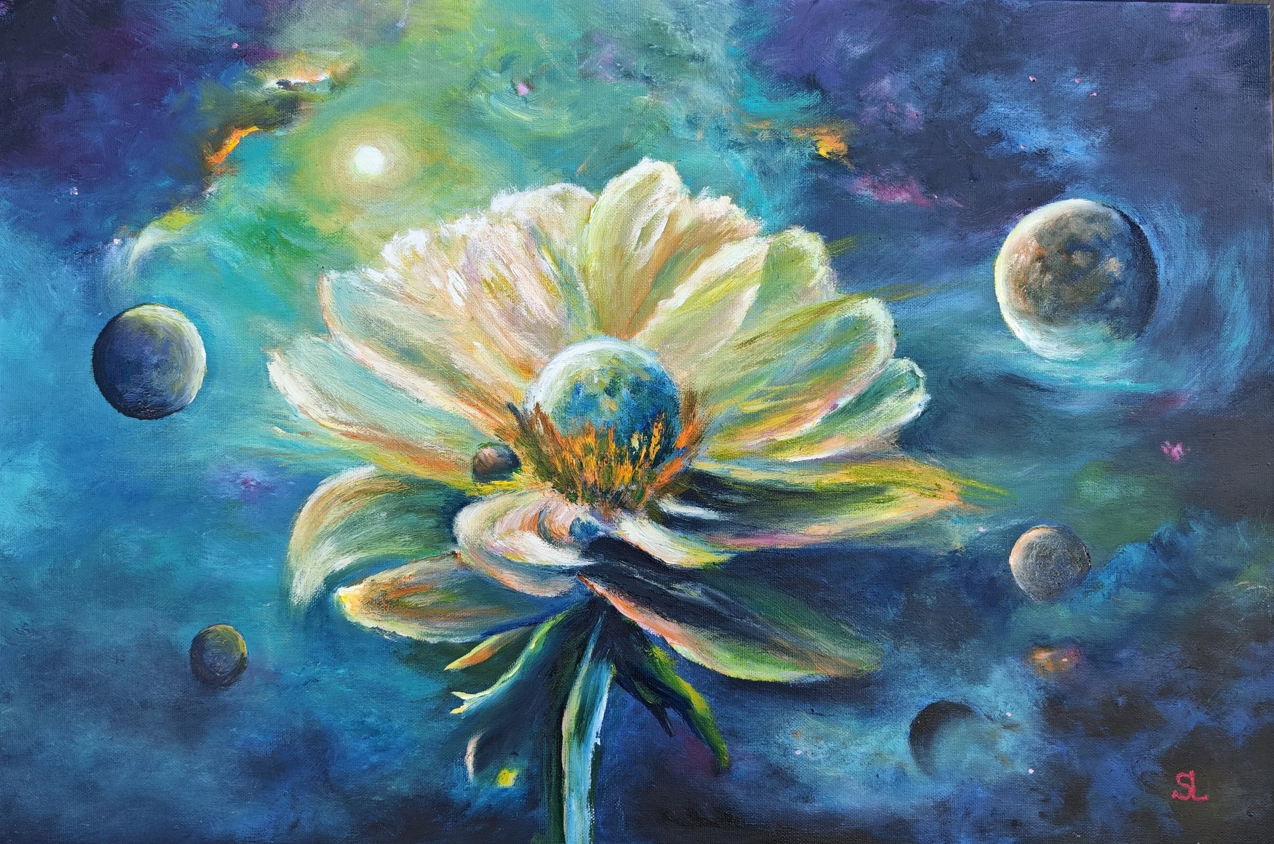 Oil painting ‘Cosmic Flower’ by Sergei Londar, featuring a surreal cosmic flower emerging in a luminous, atmospheric space setting.