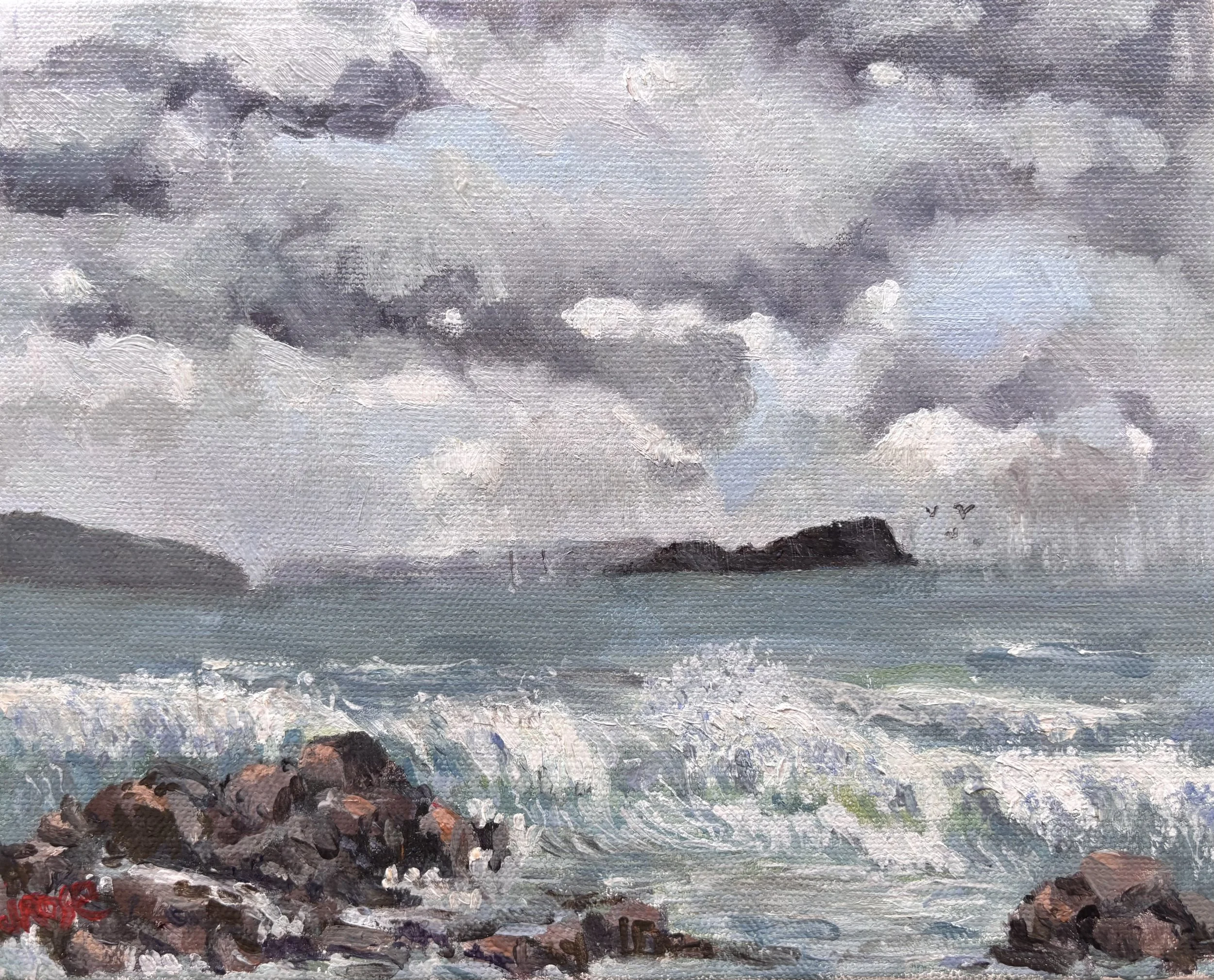 Storm over Mudjimba Island| Oil painting | Impressionist | JudithRoseArt | collector | Australian Artist