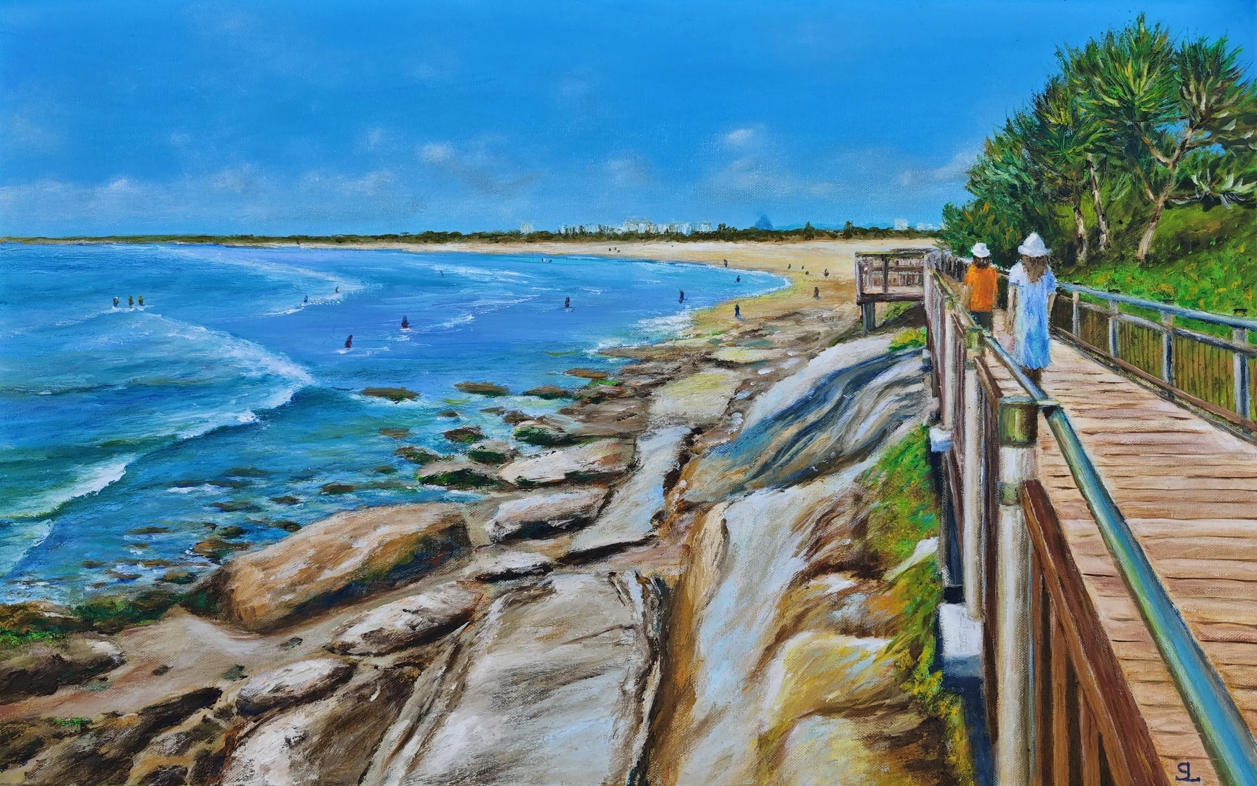Oil painting of Happy Valley Boardwalk in Caloundra by artist Sergei Londar, featuring a coastal pathway and scenic shoreline