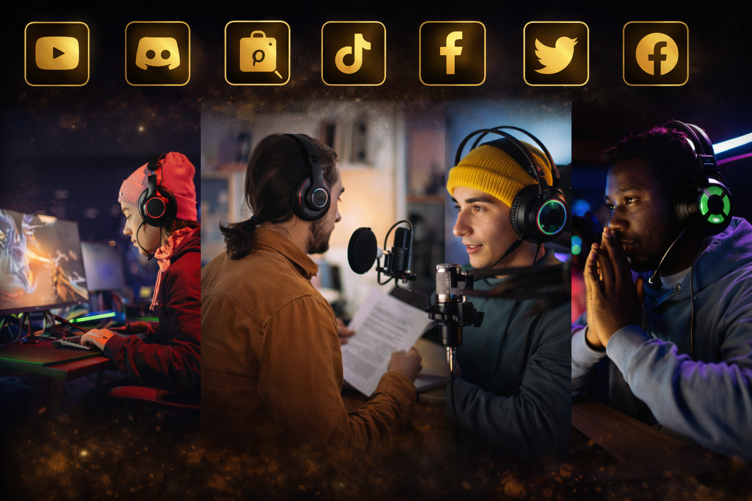 Three young men wearing gaming headsets, sitting at computers, engaging in gaming and conversation, with social media icons overlayed at the top of the image.