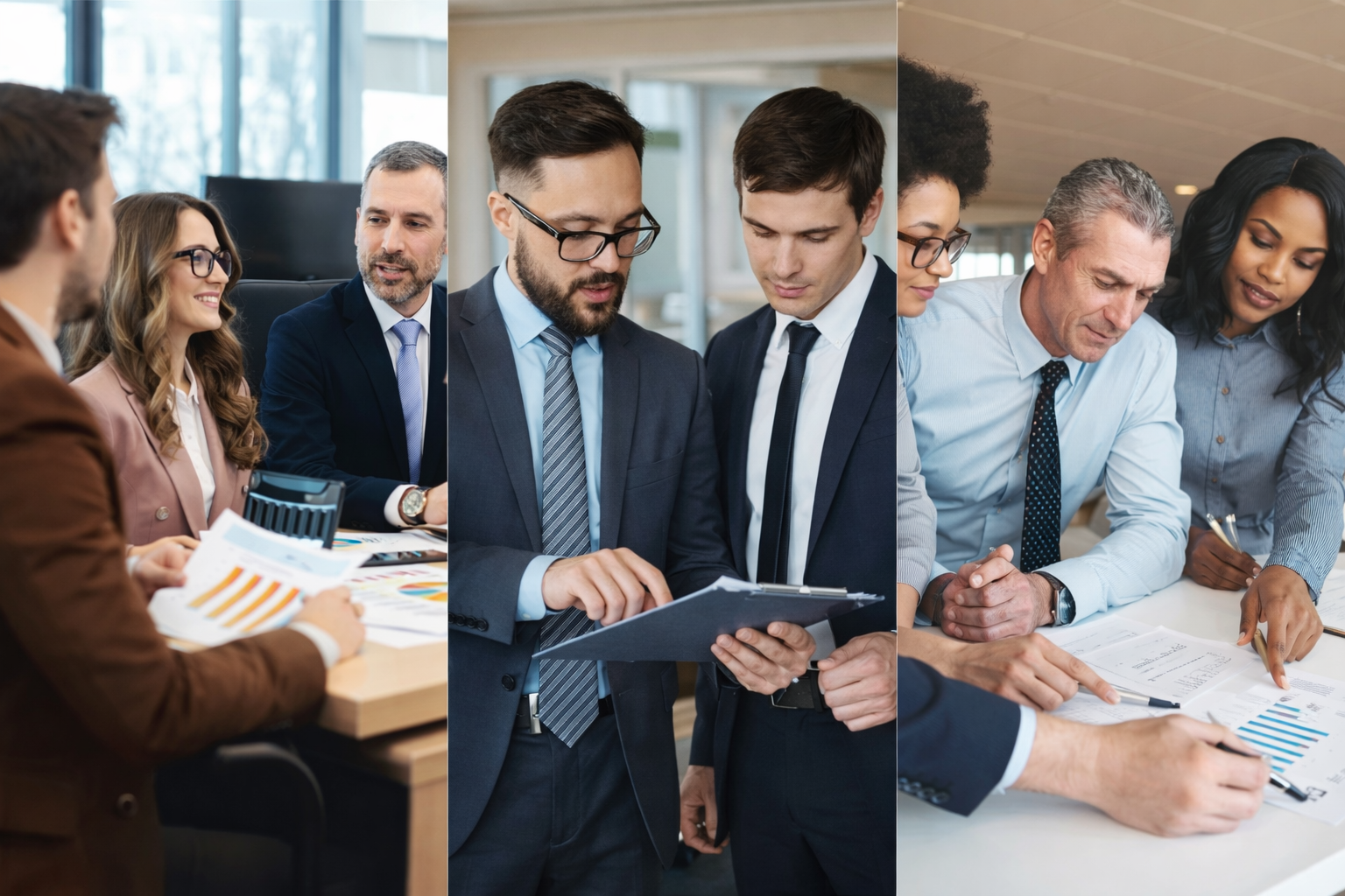 Business professionals in meetings and discussing charts and reports.