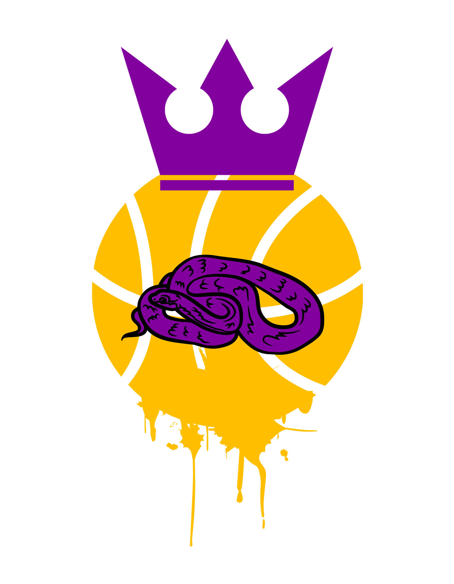 Graphic illustration of a statue with a purple crown and a yellow body holding a purple snake, with paint drips at the bottom.