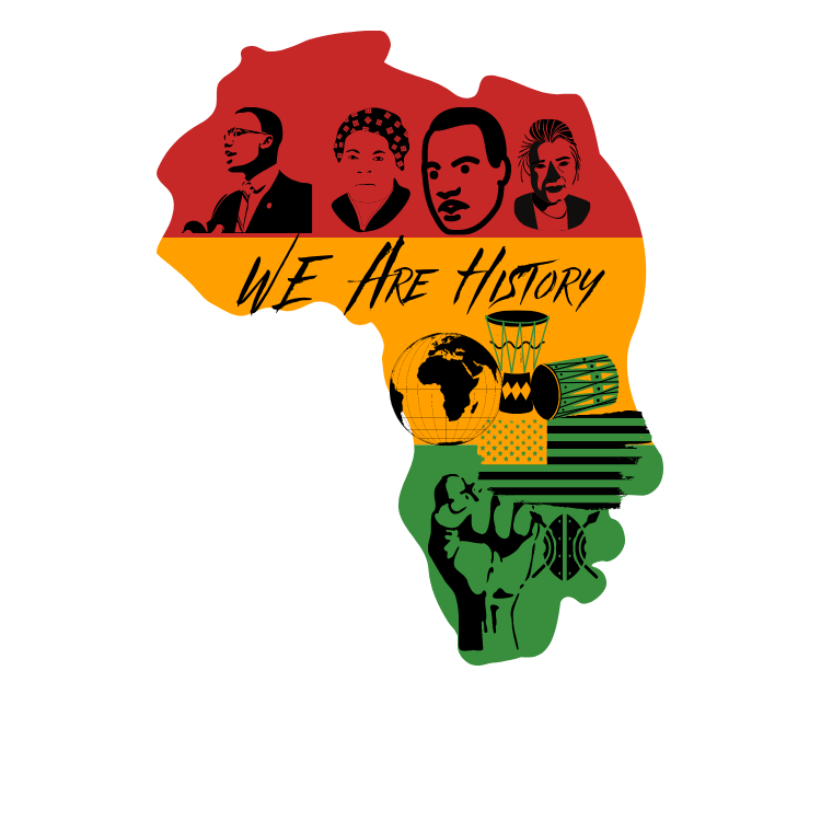 Illustration of the African continent with portraits of four prominent Black figures, the phrase 'We Are History' written across, and symbols representing Africa's culture, history, and unity.