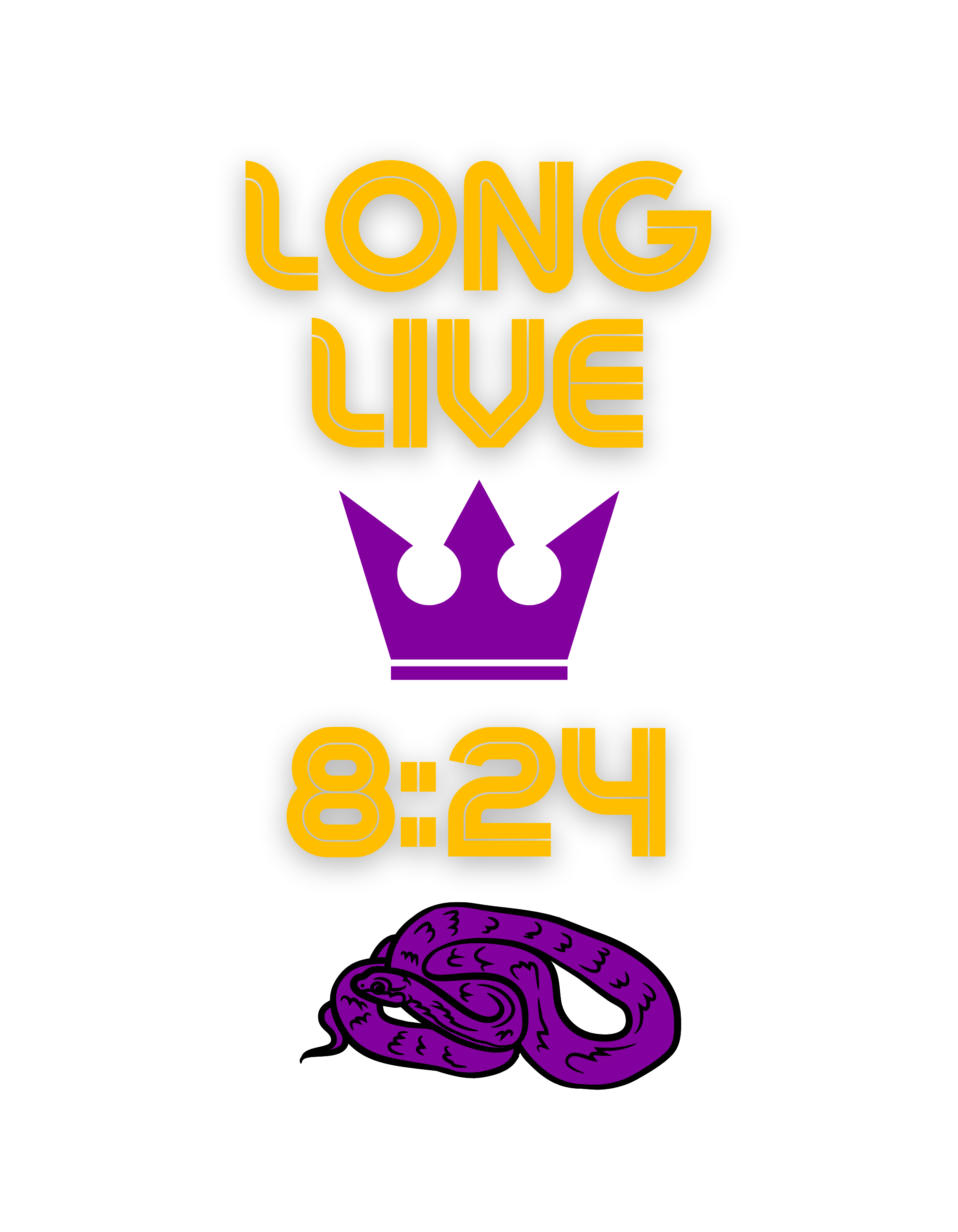 Text reading 'Long Live 8:24' in bold yellow letters with a purple crown above and a purple snake below on a black background.