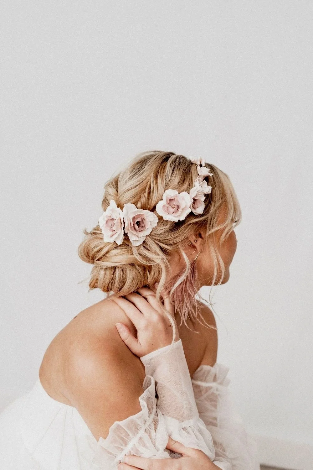 Bridal hair vine with pale pink handmade polymer clay flowers in up hairstyle (Copy)