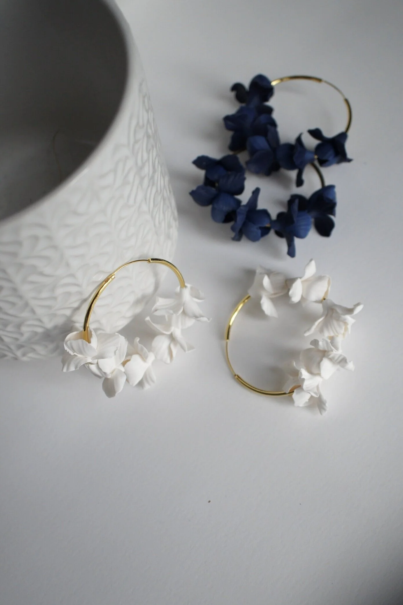 white and midnight blue floral hoop earrings bridal jewellery options