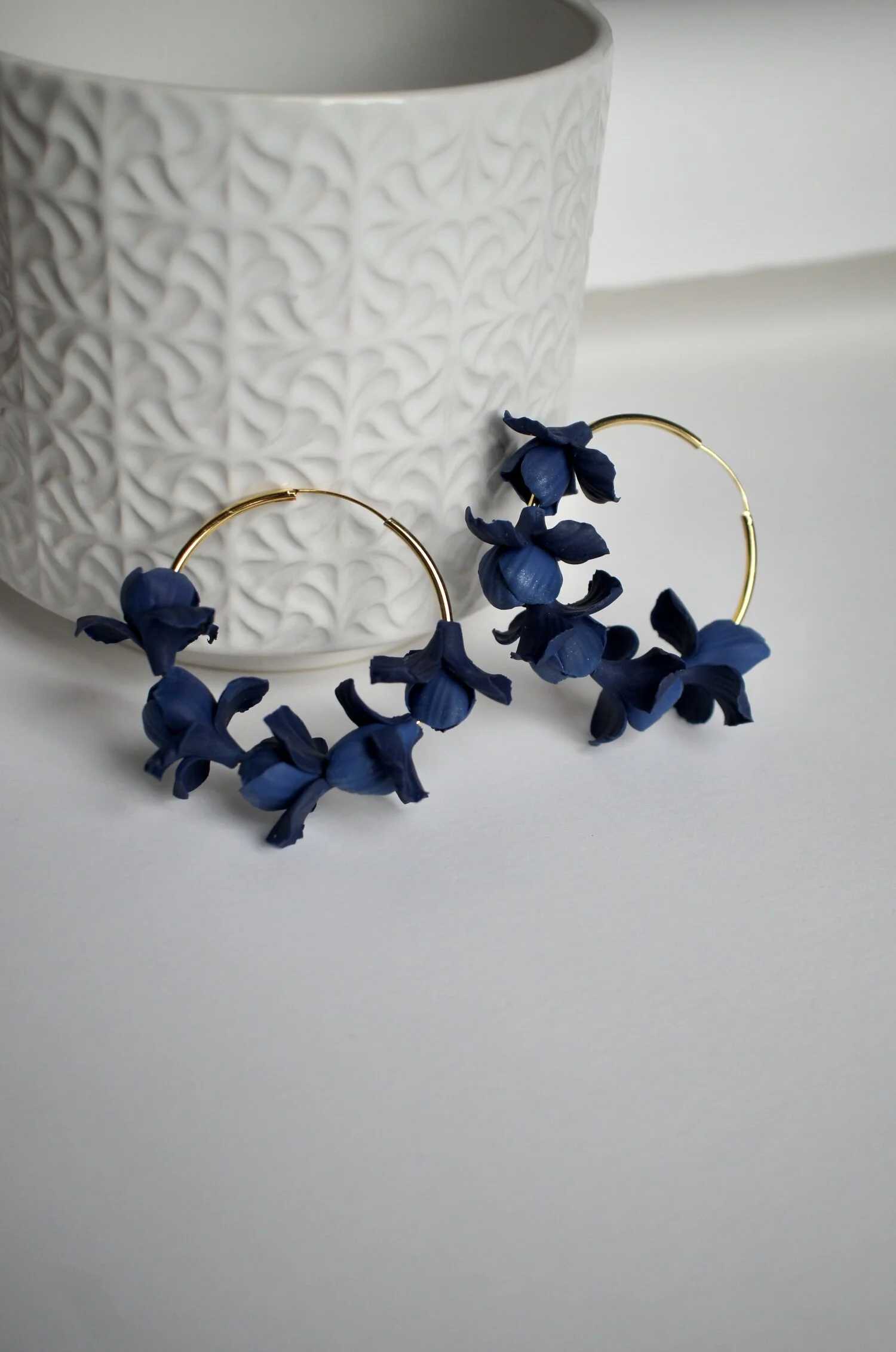 floral bridal hoop earrings with iris design handmade clay wedding earrings