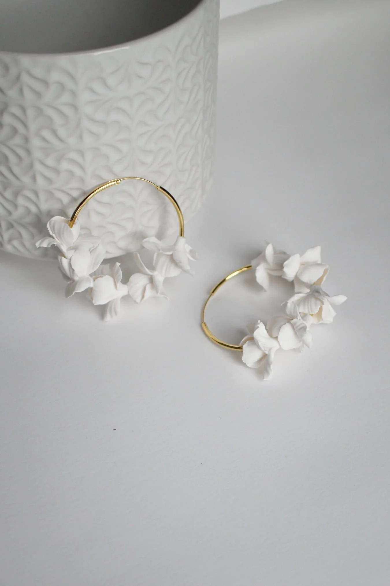floral bridal hoop earrings with iris design handmade clay wedding earrings