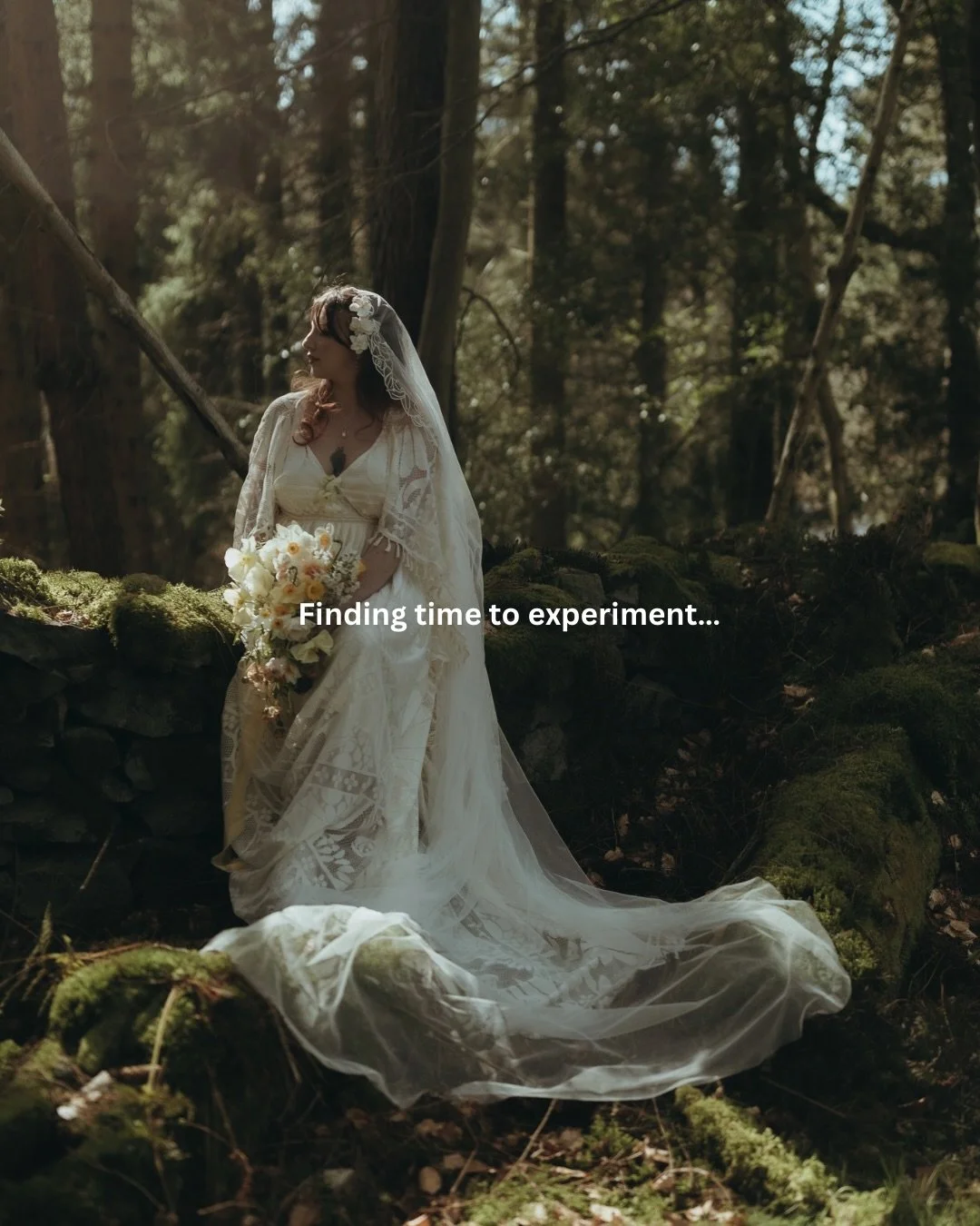 Finding time to experiment often starts with a message on a mood board. Alessandra&rsquo;s vision of a wooded setting, daffodil bouquets, floral crowns, and dreamy lighting all came together to create magic like this - perfect woodland wedding inspir