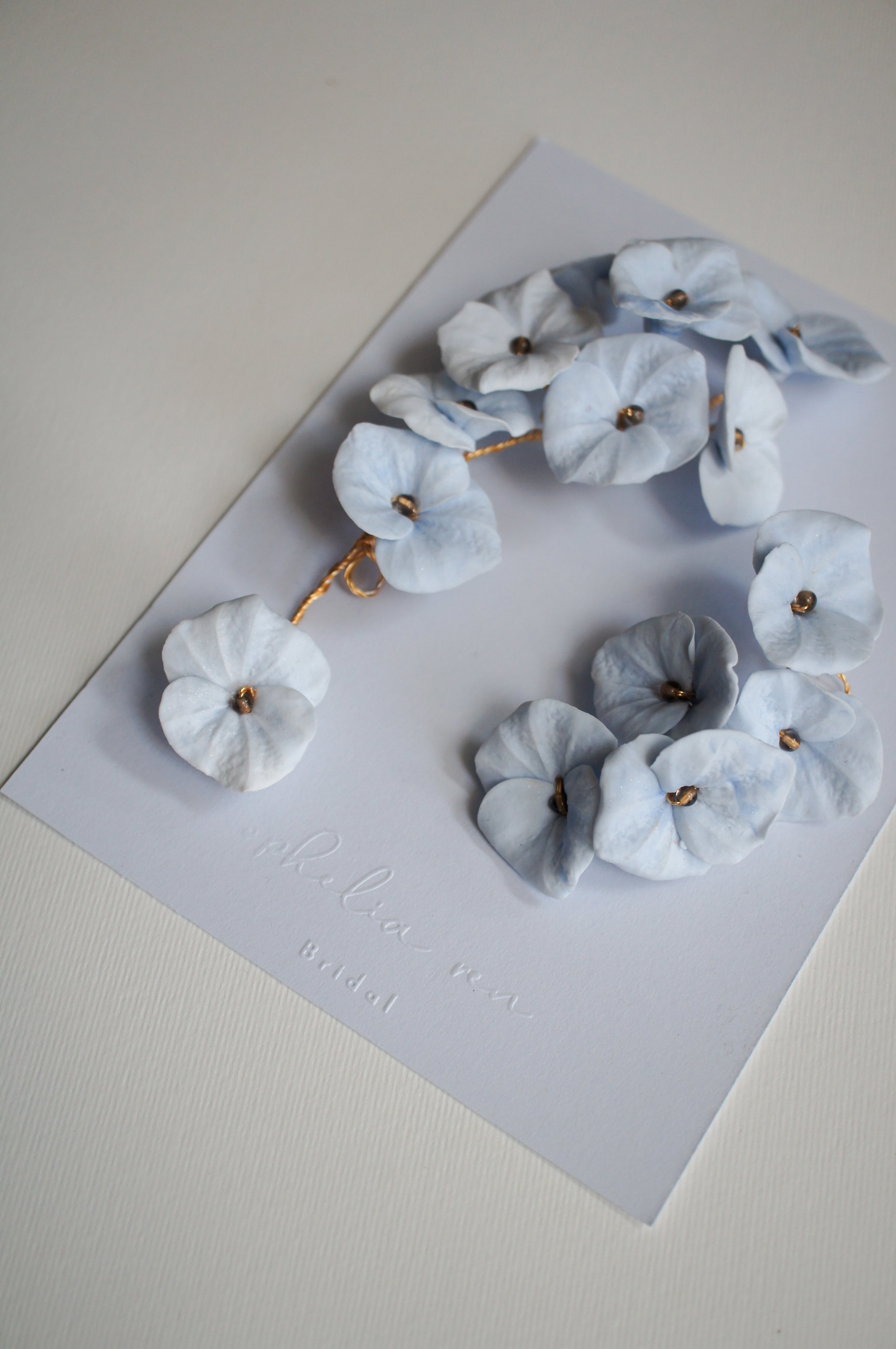 Romantic pale blue hydrangea hair vine set with matching pins. A delicate floral hair accessory perfect for weddings, bridesmaids, and special occasions.