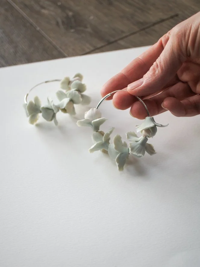 Spring Iris hoop earrings in pale green and soft peach – delicate, handcrafted floral hoops perfect for brides, bridesmaids, garden weddings, and special occasions. (Copy)