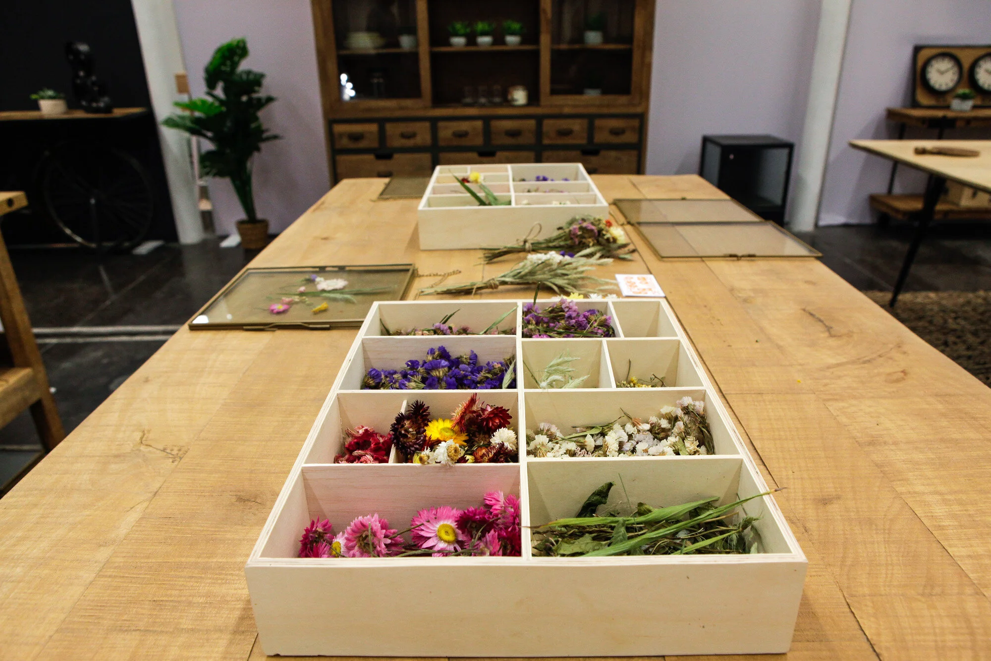 Table en bois avec différentes sections de fleurs séchées et herbes, quelques cadres en verre avec fleurs séchées, dans un environnement de studio ou atelier.