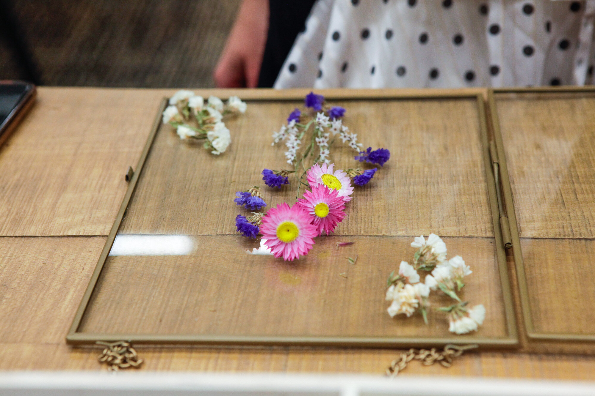 Fleurs pressées de différentes couleurs disposées sous une vitre en verre sur une table en bois.