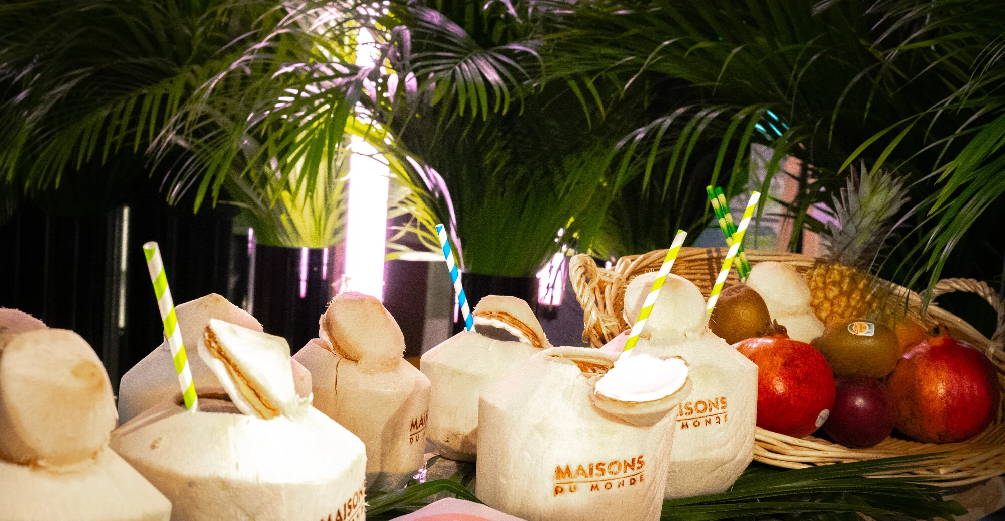 Coco tannés avec paille, baies, ananas et fruits exotiques dans une corbeille sur fond de plantes tropicales.