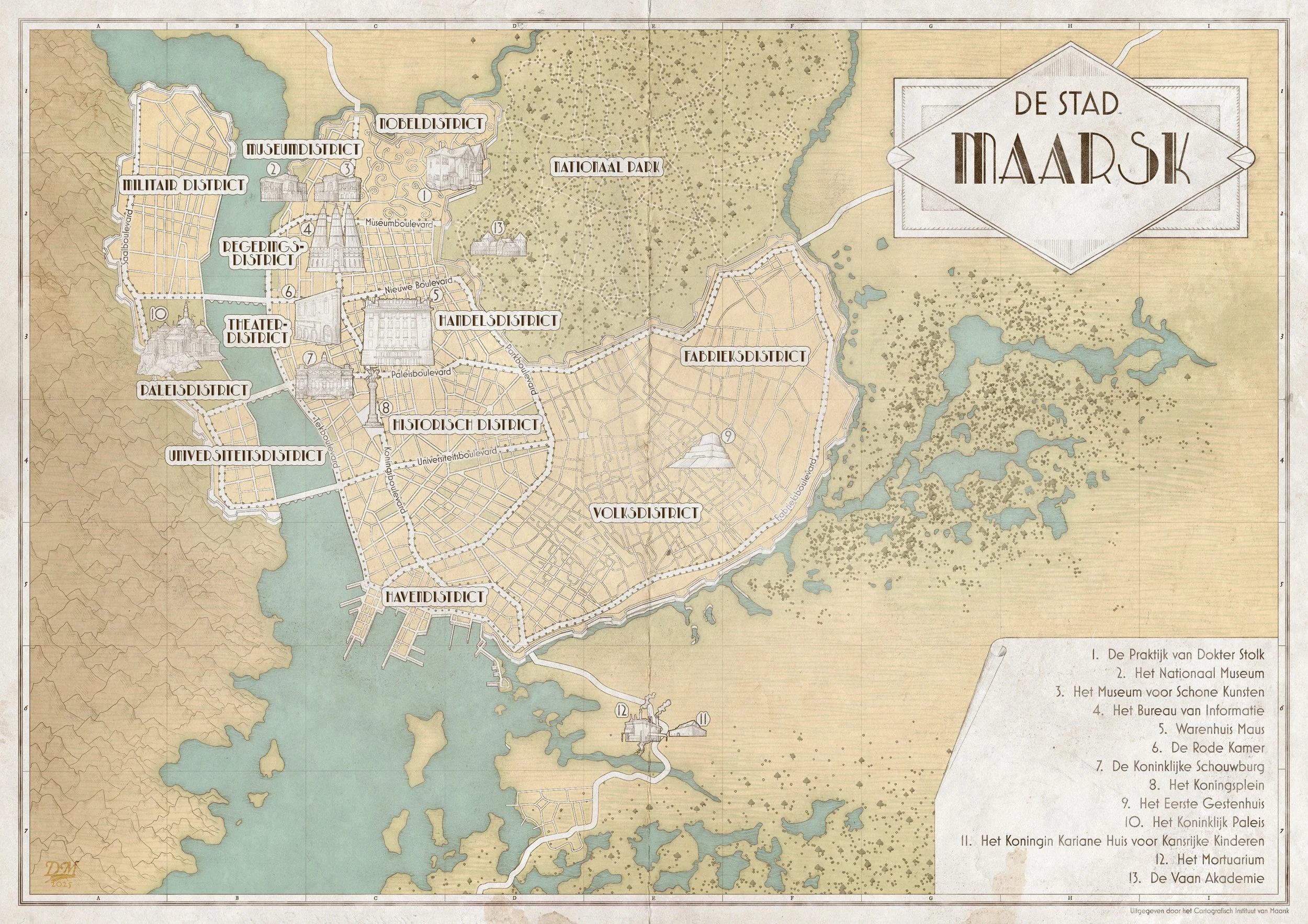 een stadskaart van Maarsk, de fictieve stad waar het verhaal van De Archivist zich afspeelt.