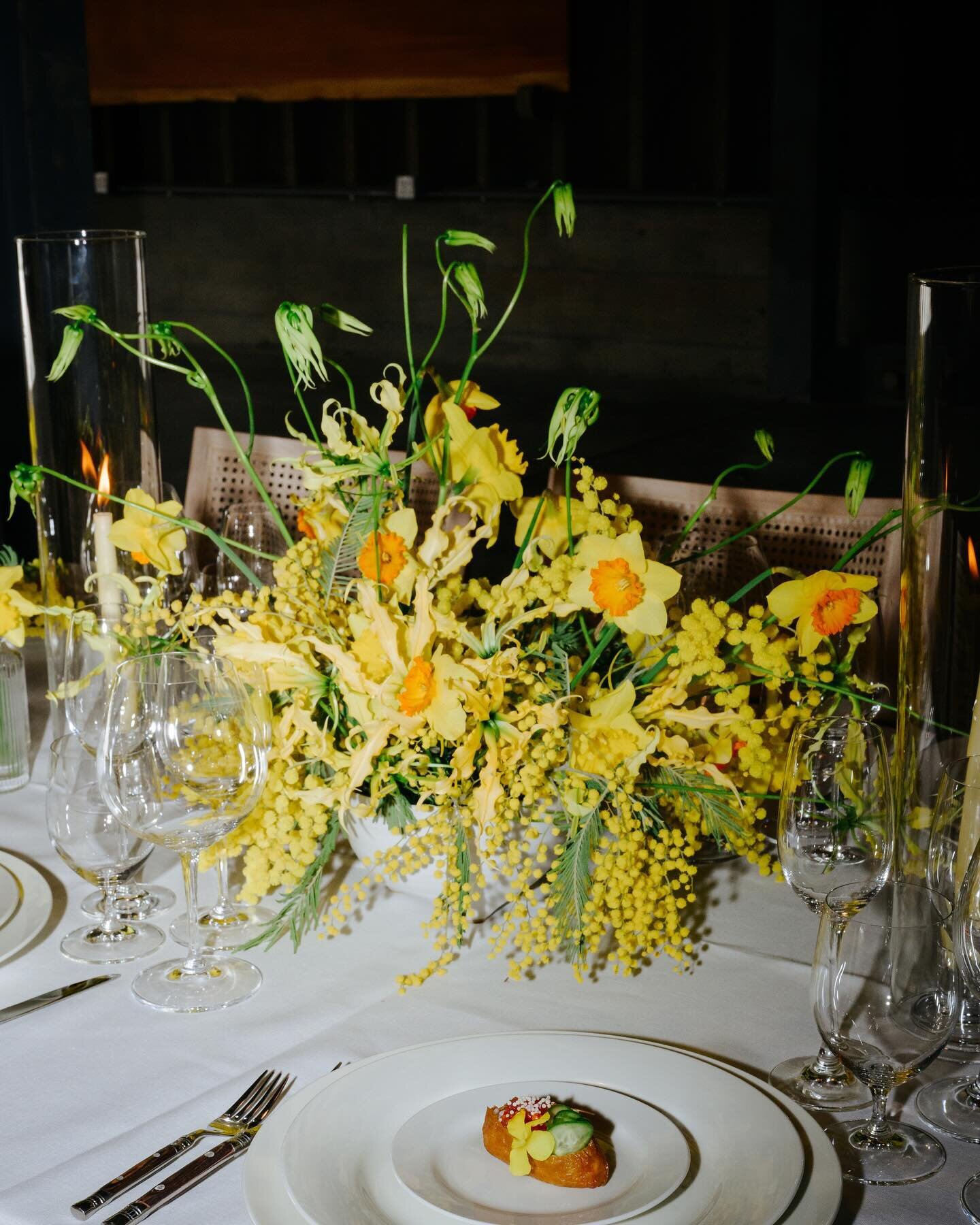 💛 Completely in my element with this one 💛 the mimosa and daffodils I foraged locally and the gloriosa lilies from @mayeshsanfrancisco 
Getting to create with no limits or bounds is so cathartic for me. I spend so much time working to bring other p