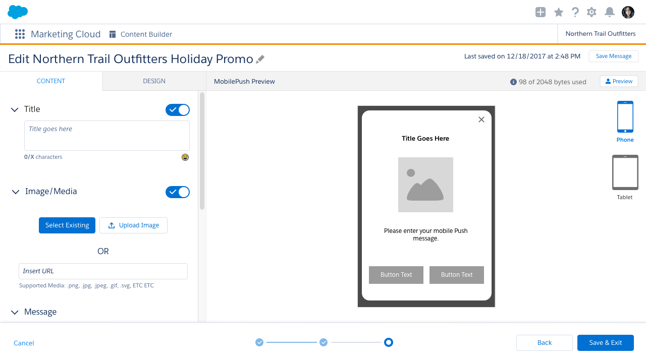 Mobile Message Editing in Content Builder