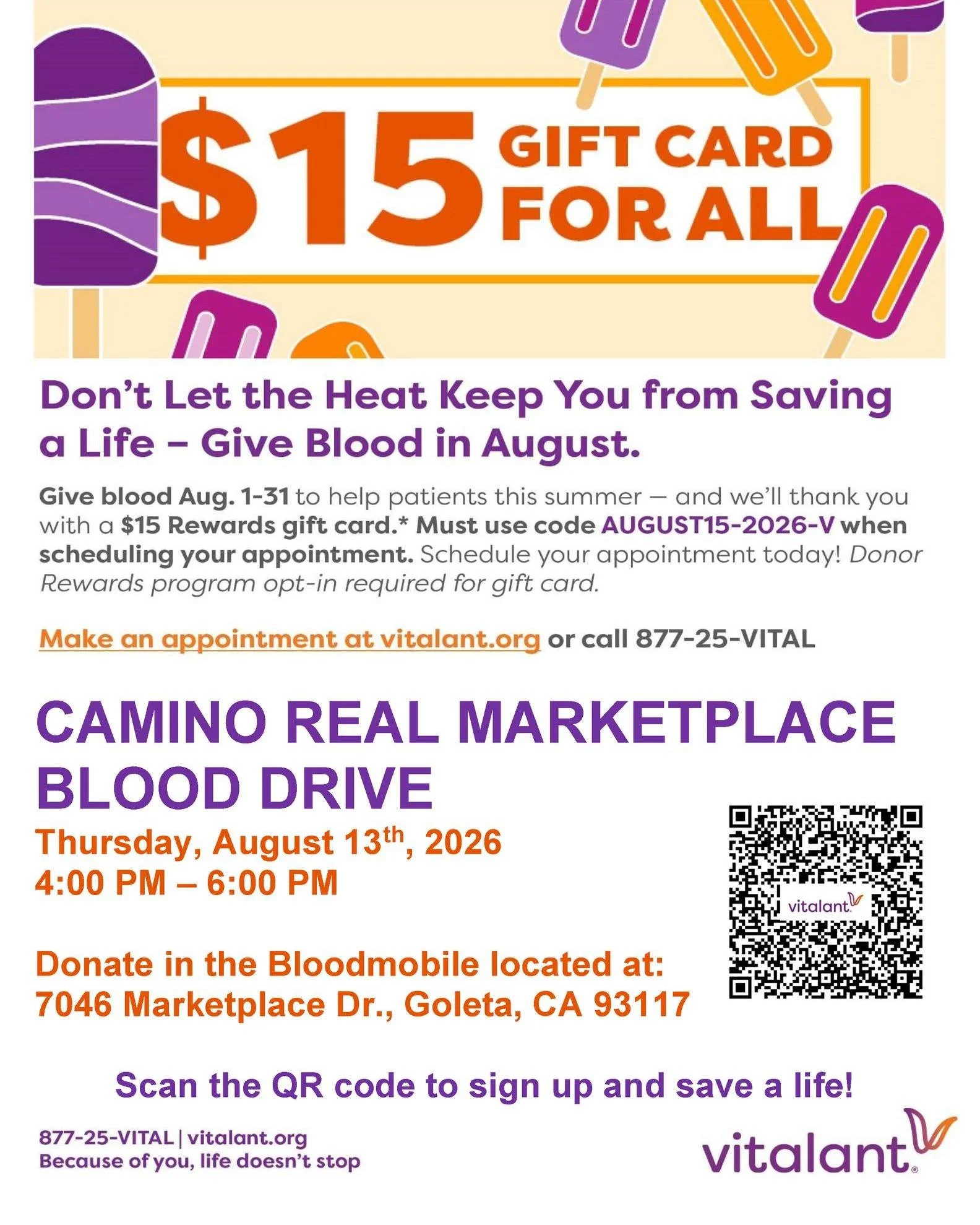 Make your appointment now! Help Vitalant save lives, give blood here at Camino Real Marketplace this Thursday 8/13/26 from 4 - 6 pm.

For this and other Marketplace events go to https://www.caminorealmarketplace.net/happeningsandevents