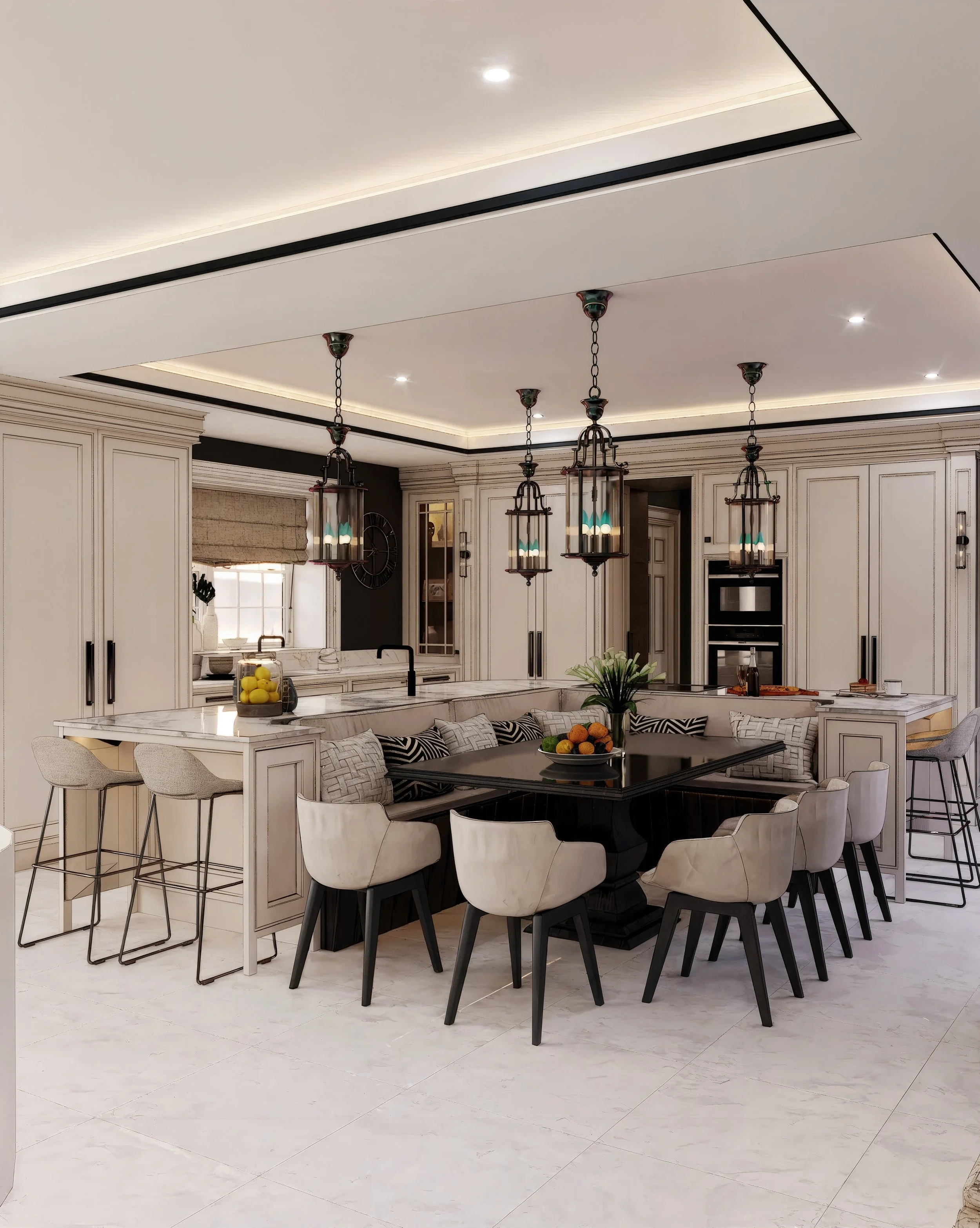 Photorealistic CGI of a luxury kitchen and dining space with classical cabinetry and statement lighting.