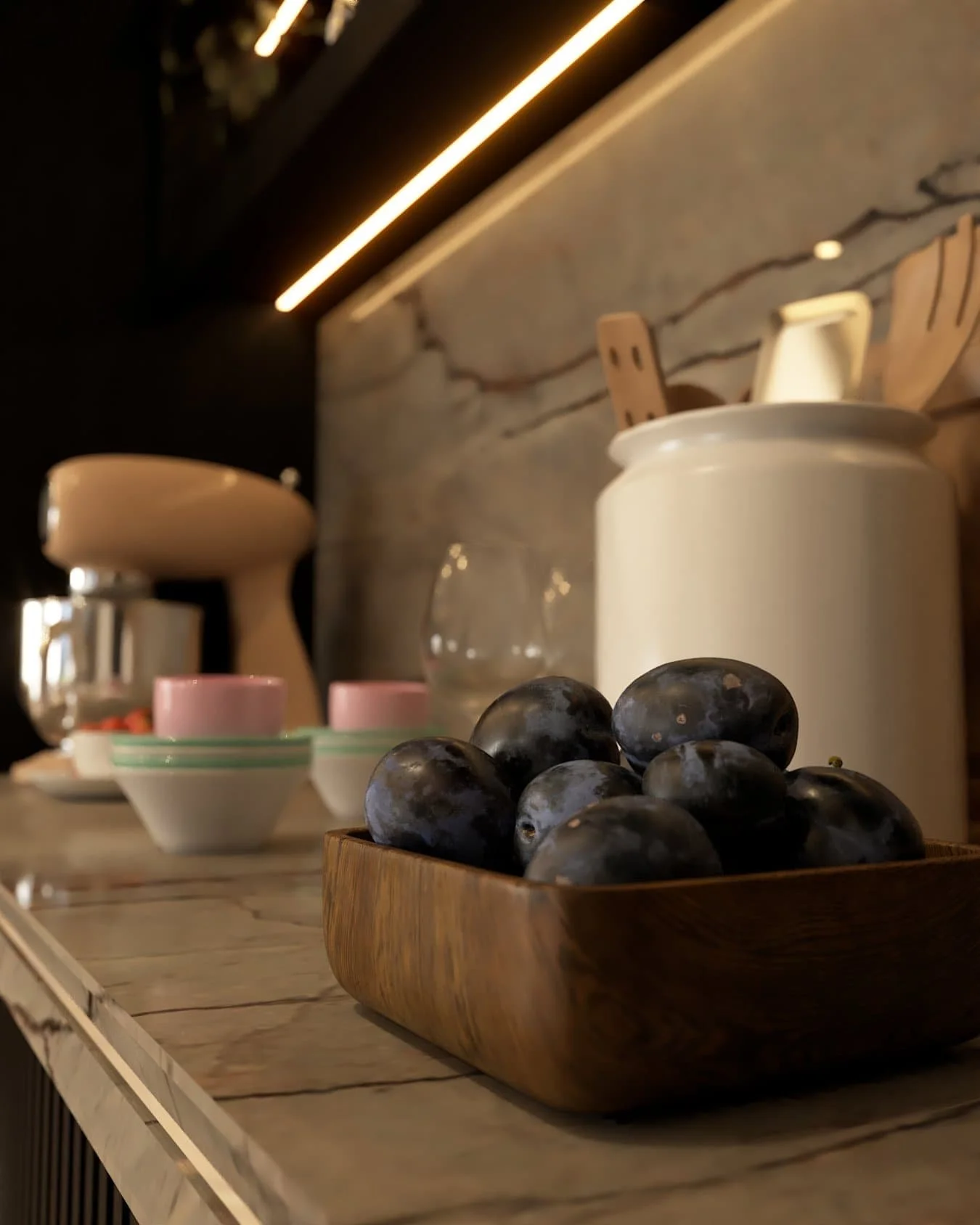 Detail of a completed Darren Morgan Design kitchen showing bespoke cabinetry, worktop and interior styling.