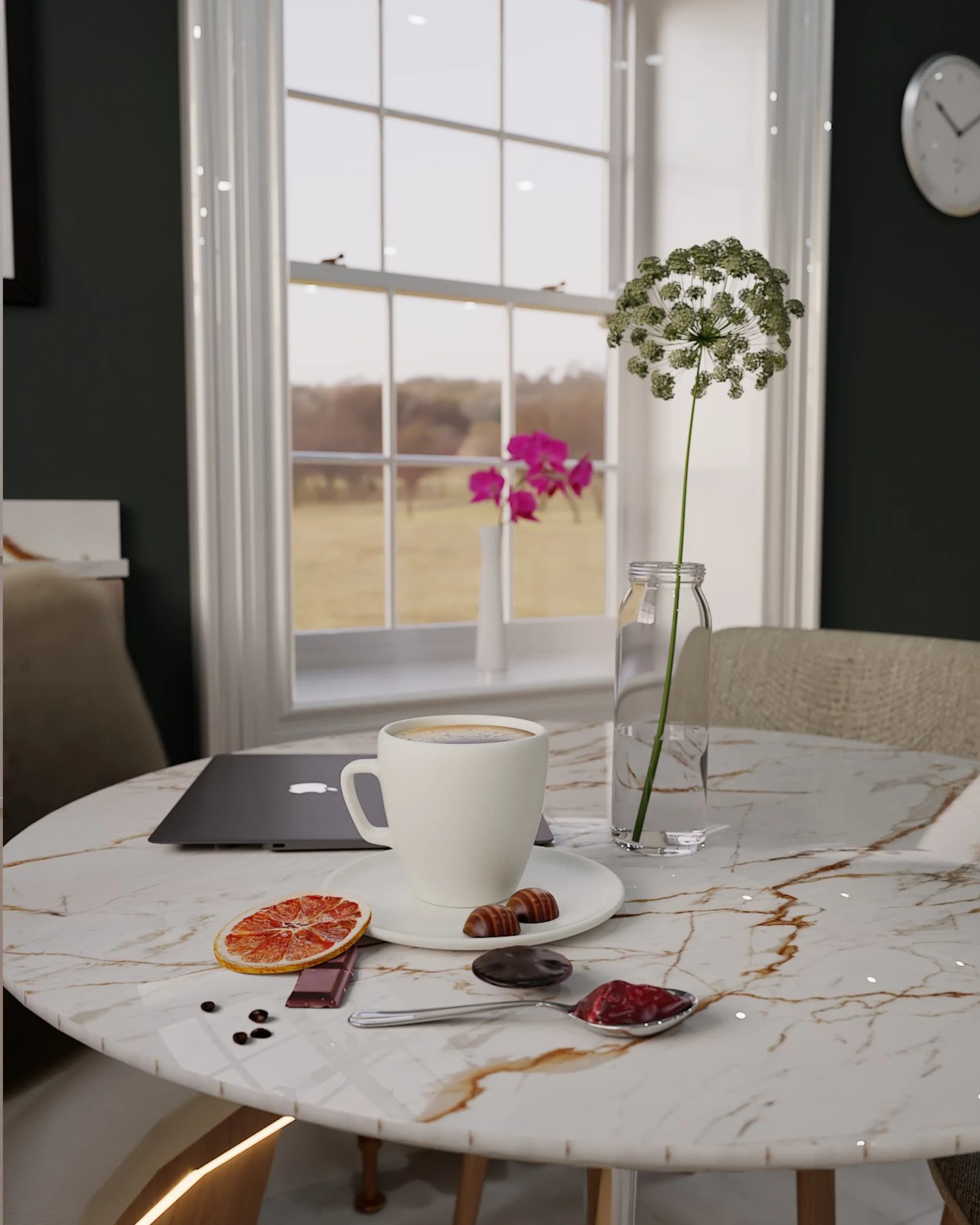 Coffee cup and laptop on a marble table in a Georgian-style interior.