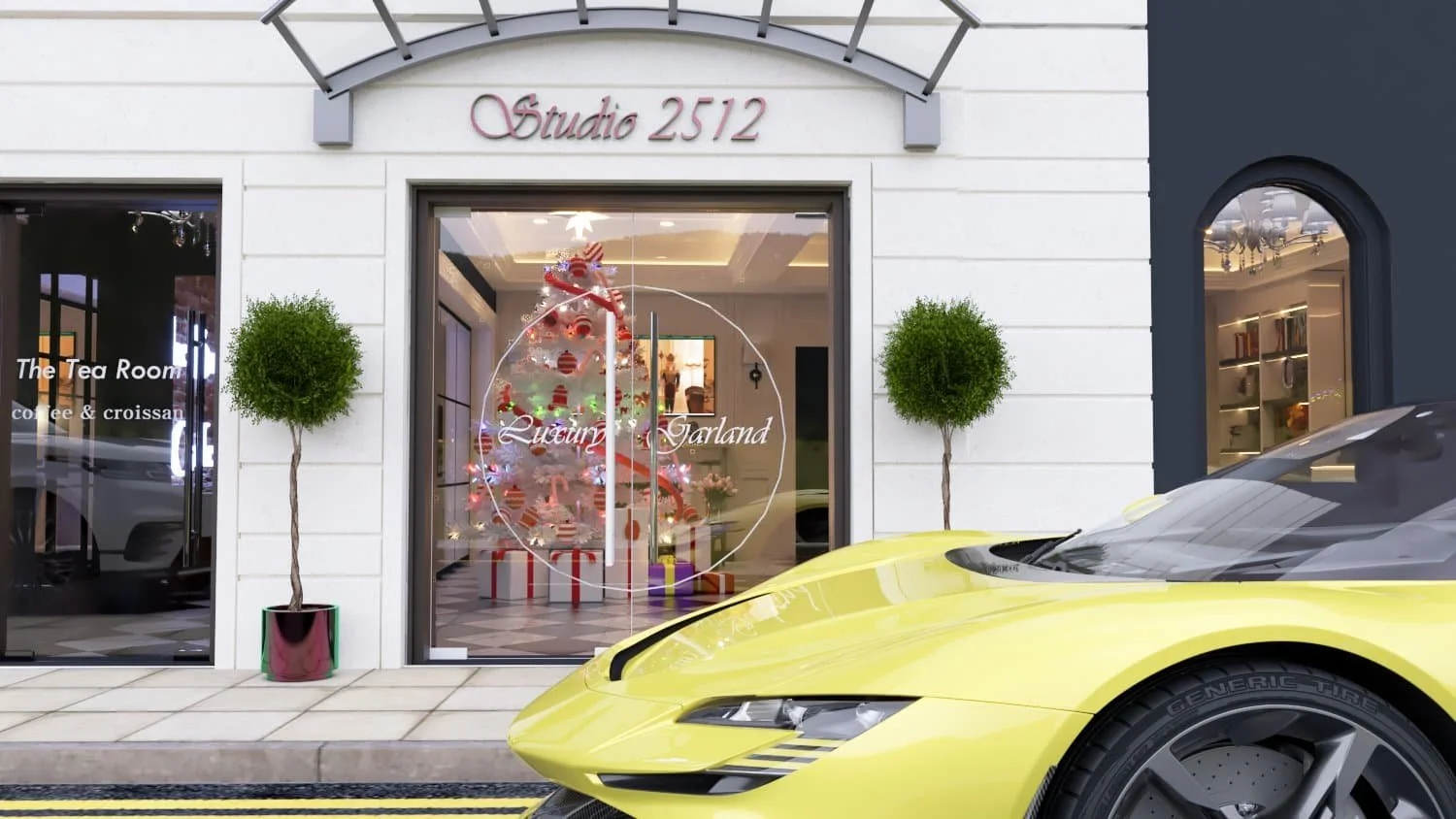 The front of a commercial property with stone exterior, glass doors and bay trees either side, with a neon green sports car parked outside. Above the entrance reads "Studio 2512"