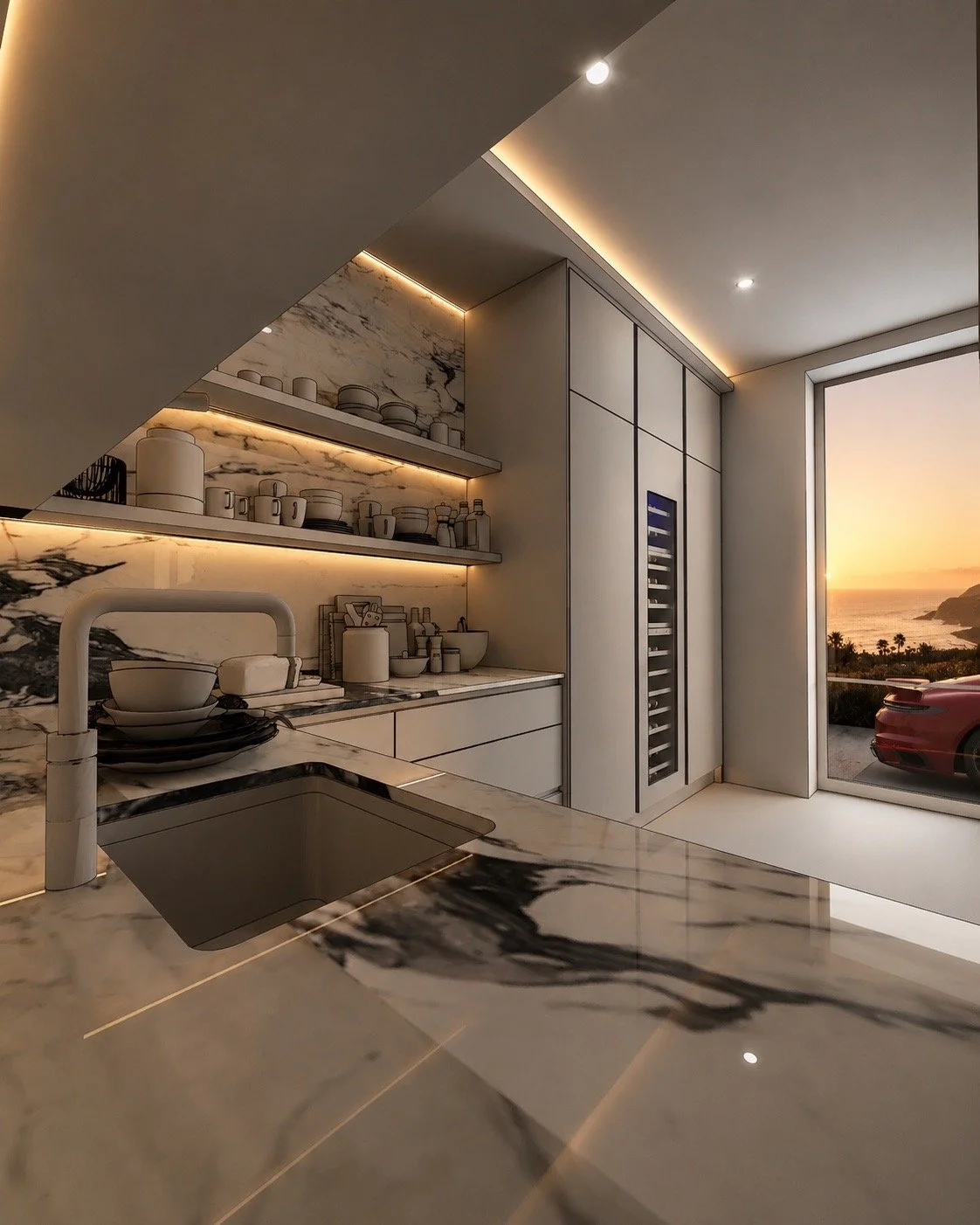 Photorealistic CGI of a contemporary kitchen with marble surfaces, illuminated shelving and a coastal sunset view.