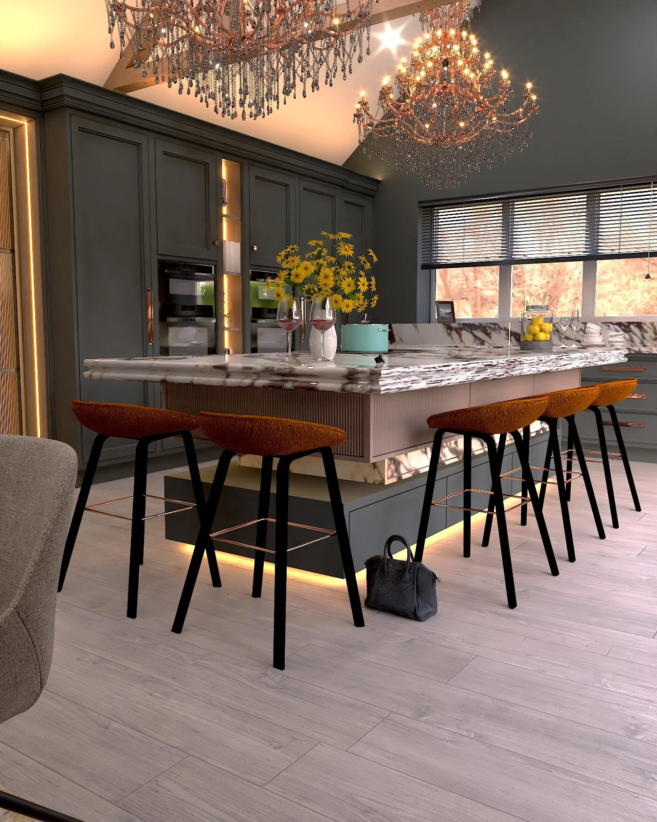 Contemporary luxury kitchen design with dark bespoke cabinetry and architectural glazing by Darren Morgan Design.