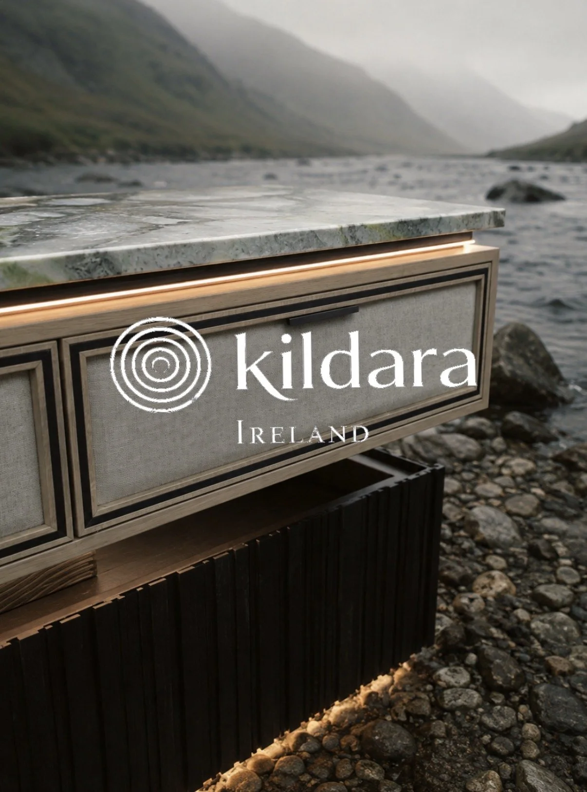 Detail of a Kildara Ireland furniture concept beside a mountain lake.