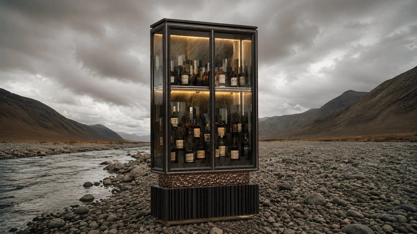 Kildara illuminated drinks cabinet presented against an Irish mountain landscape.