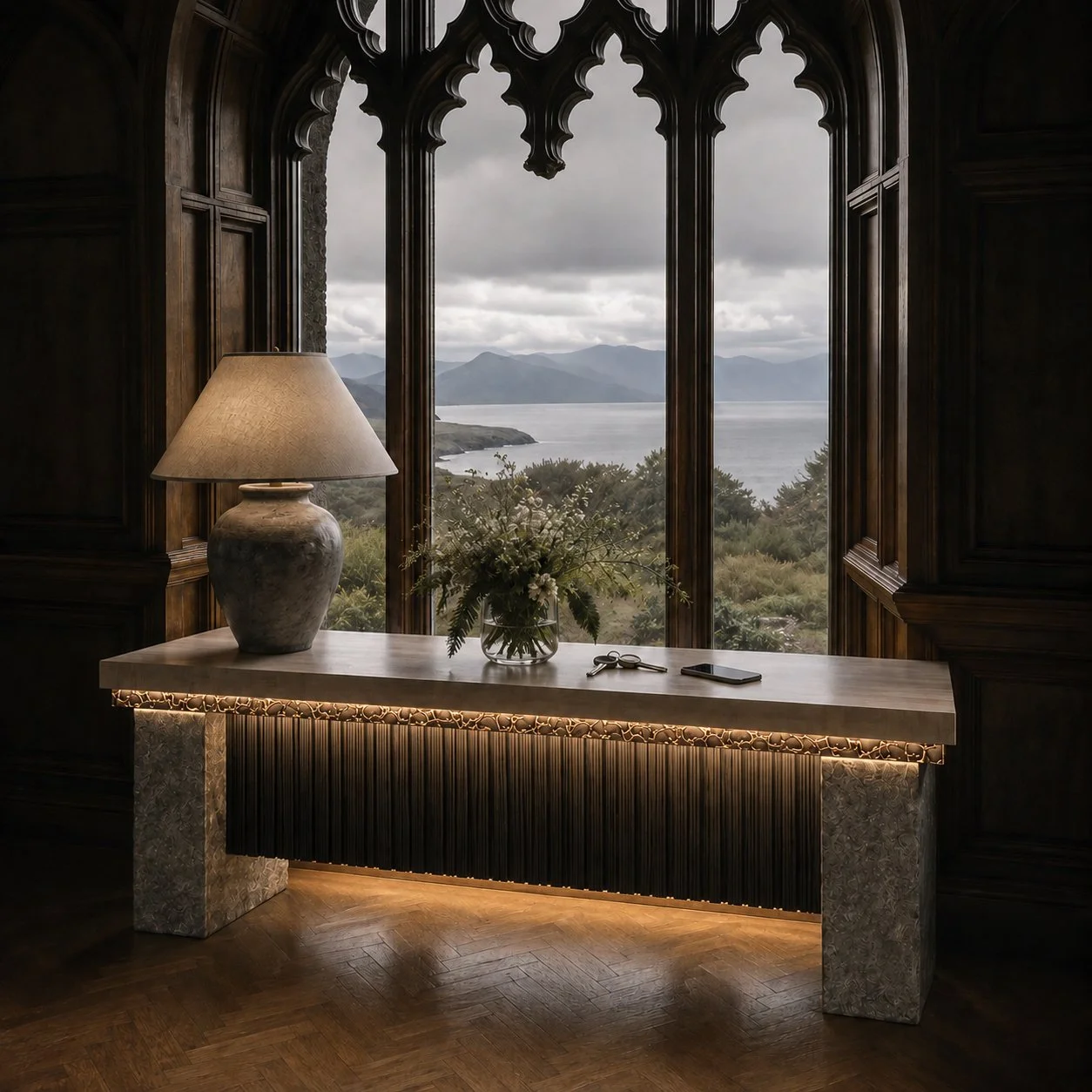 Detail of bespoke Kildara furniture with ribbed timber and integrated lighting.