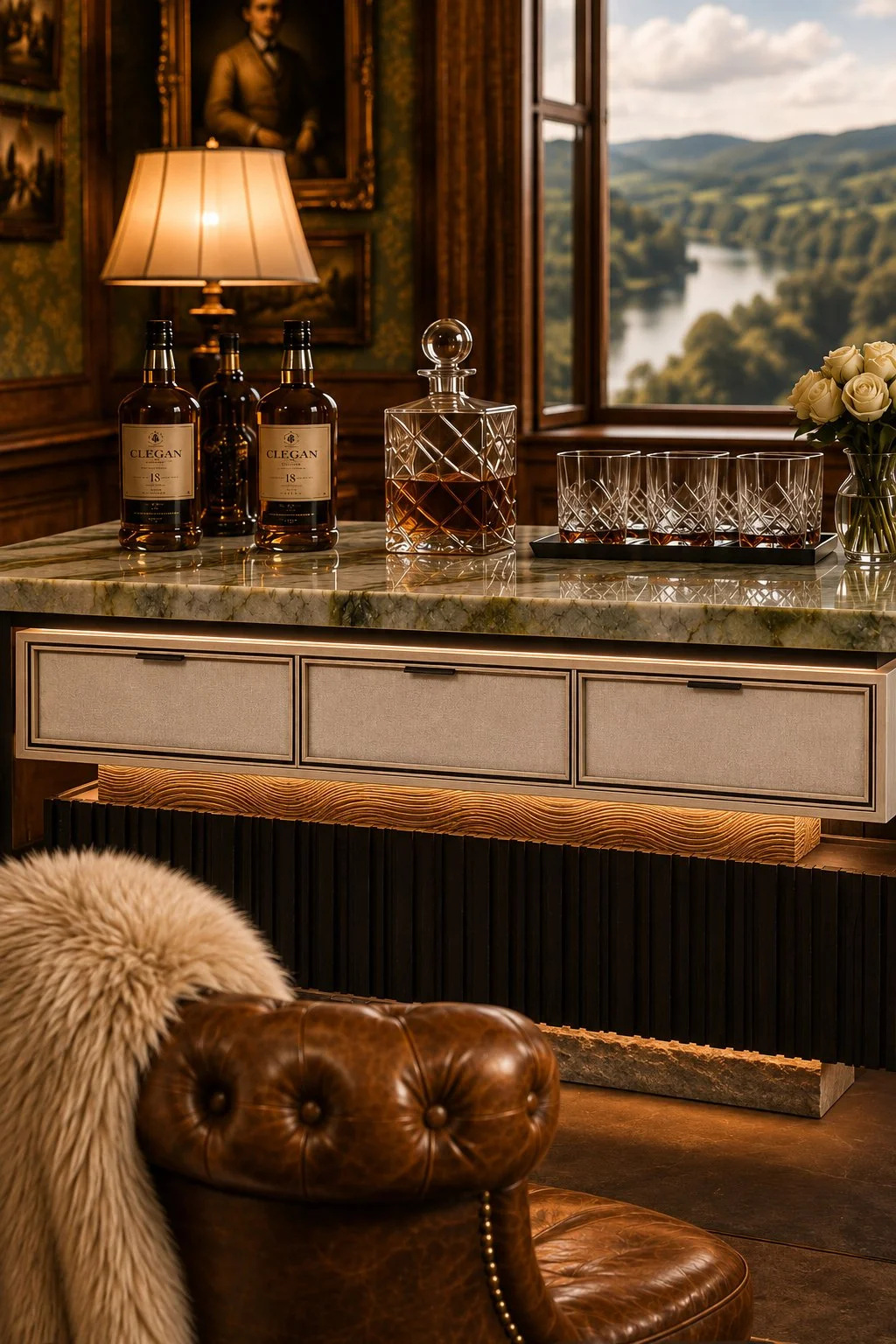 Bespoke curved bar cabinet with champagne glasses, marble surface and statement lighting.
