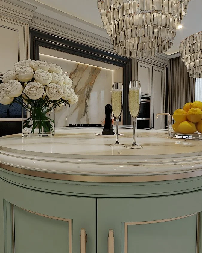 Curved bespoke kitchen cabinetry with marble worktop and glazed display storage.