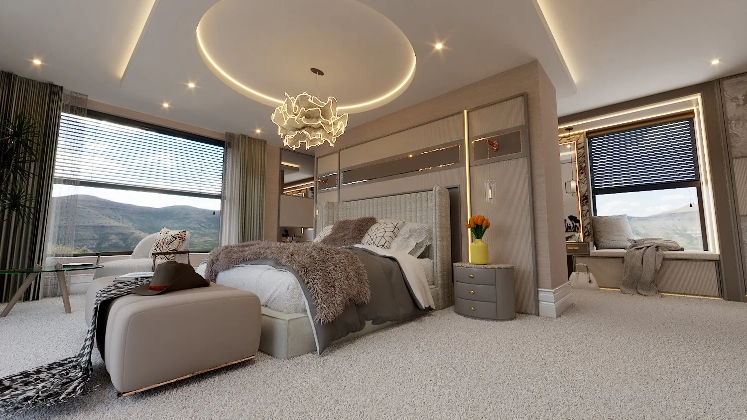 Luxury bedroom and bespoke wardrobe design visualised by Darren Morgan Design.