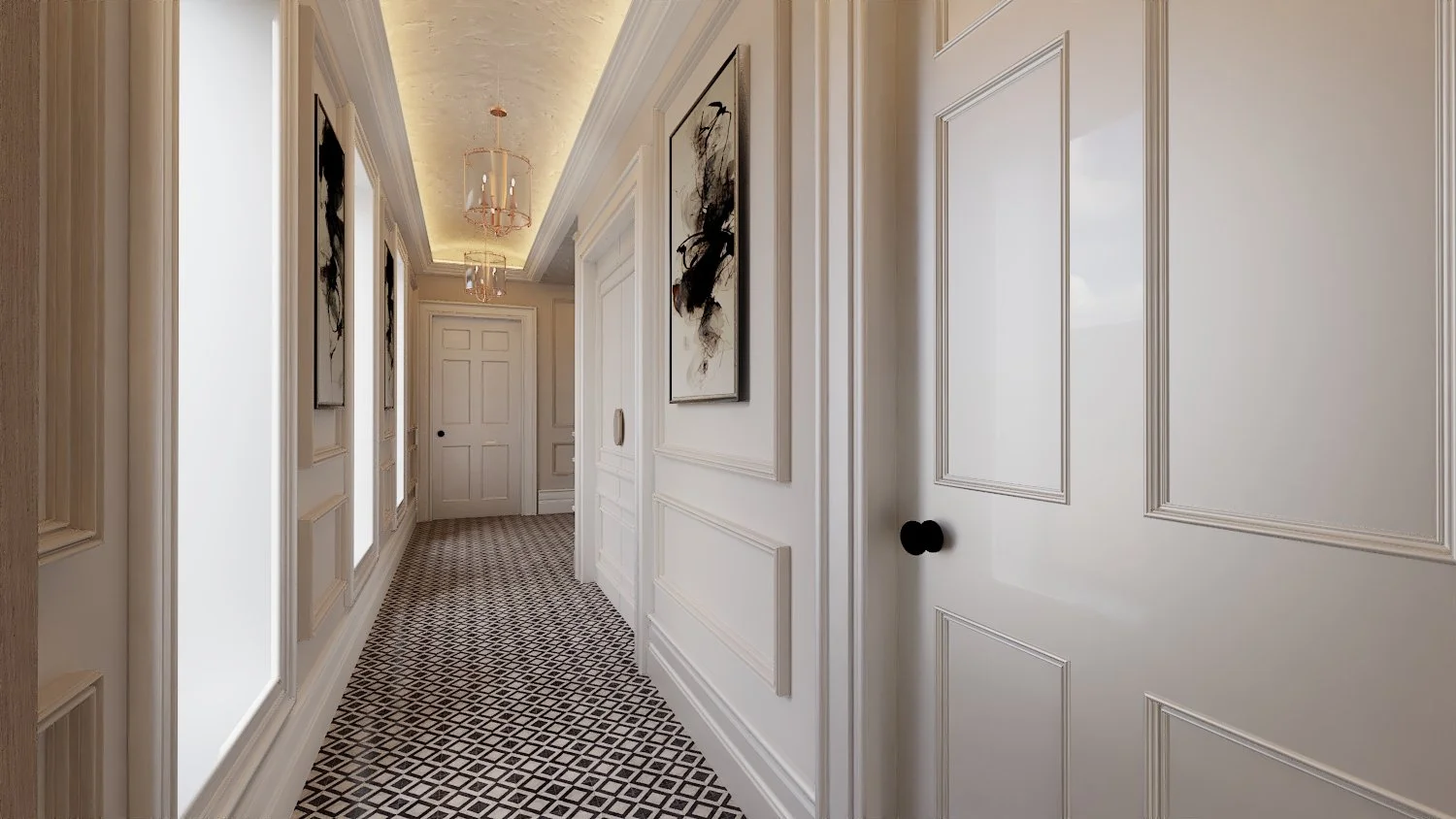 Contemporary hallway interior with bespoke wall panelling, feature lighting and coordinated architectural detailing.