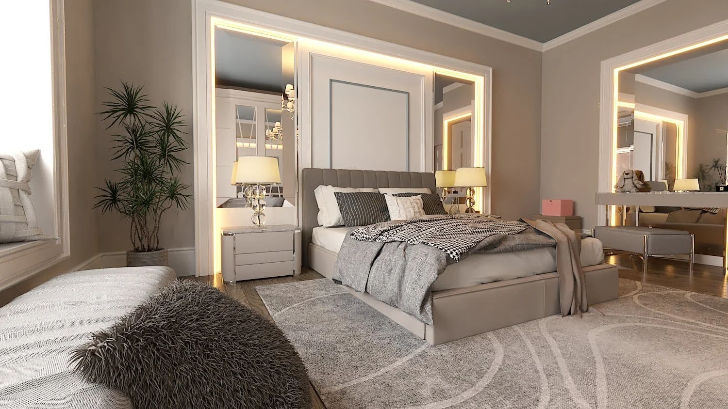 A luxury bedroom remodel with warm neutral tones on the wall, bed, bedding and carpet. A grey throw on the bed and two bedside tables with cream and glass lamps are lit with warm light. The bed recess is also lit with warm light