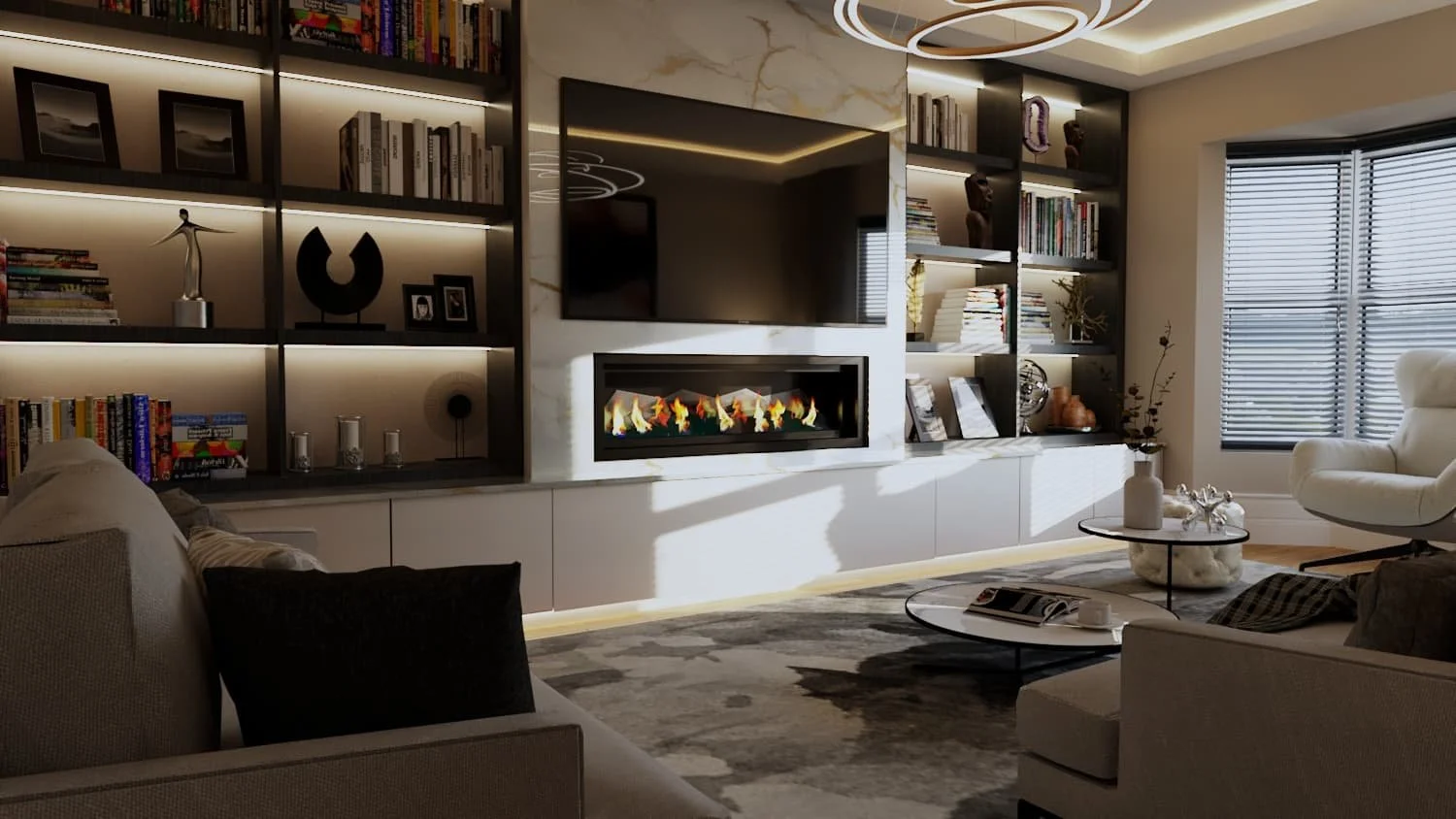 a large white room with a wall of black, backlit bookshelves and a tv in the middle with a fireplace below. The room is lit with sunlight coming through the window on the right, the edges of a grey sofa can be seen in the foreground